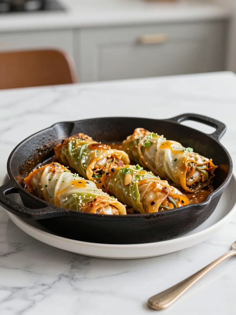 An overheard picture view of a plate of Vegan Cabbage Roll Skillet sitting on a marble countertop table in the kitchen, professional food photography style.