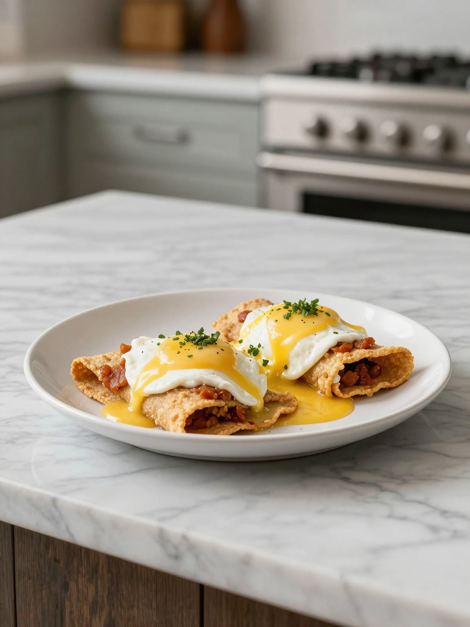 An overheard picture view of a plate of Huevos Rancheros sitting on a marble countertop table in the kitchen, professional food photography style.