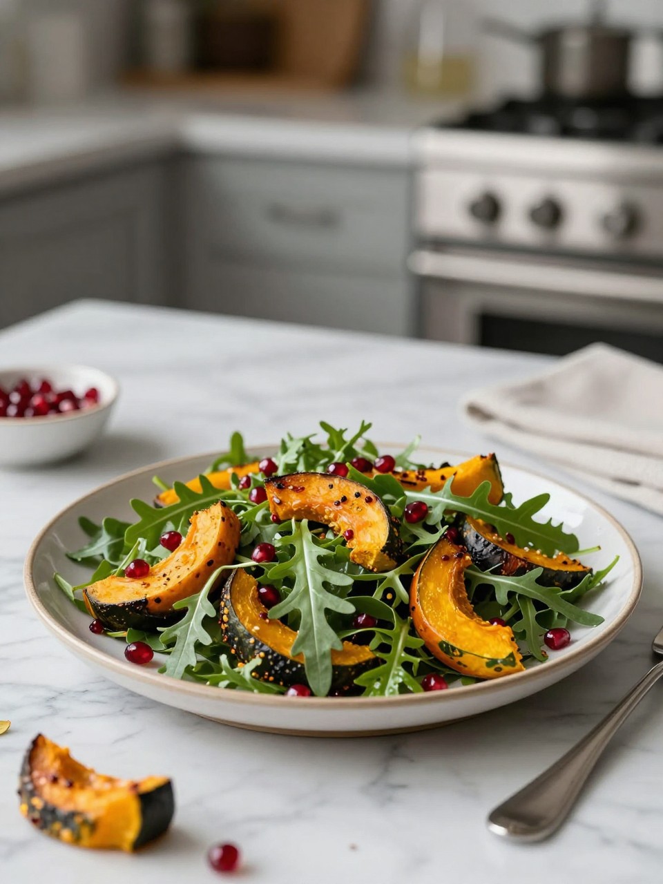 An overheard picture view of a plate of Autumn Arugula Salad with Roasted Squash and Pomegranate sitting on a marble countertop table in the kitchen, professional food photography style.