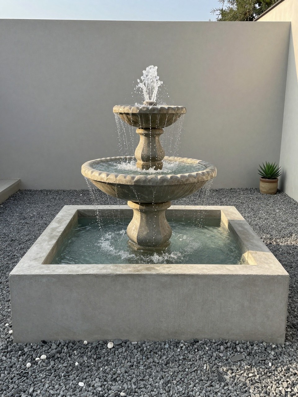 Photo of a tiered concrete square fountain with water cascading down, straight-on view, setting in a minimalist courtyard with gravel, late afternoon light, containing a single succulent in a small pot nearby, iPhone photo quality.