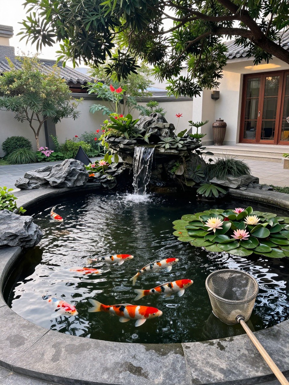 Photo of a small koi pond with a gentle waterfall and lilies, wide view, setting in a courtyard with overhanging trees, soft morning light, containing a small net resting against the pond edge, iPhone photo quality.