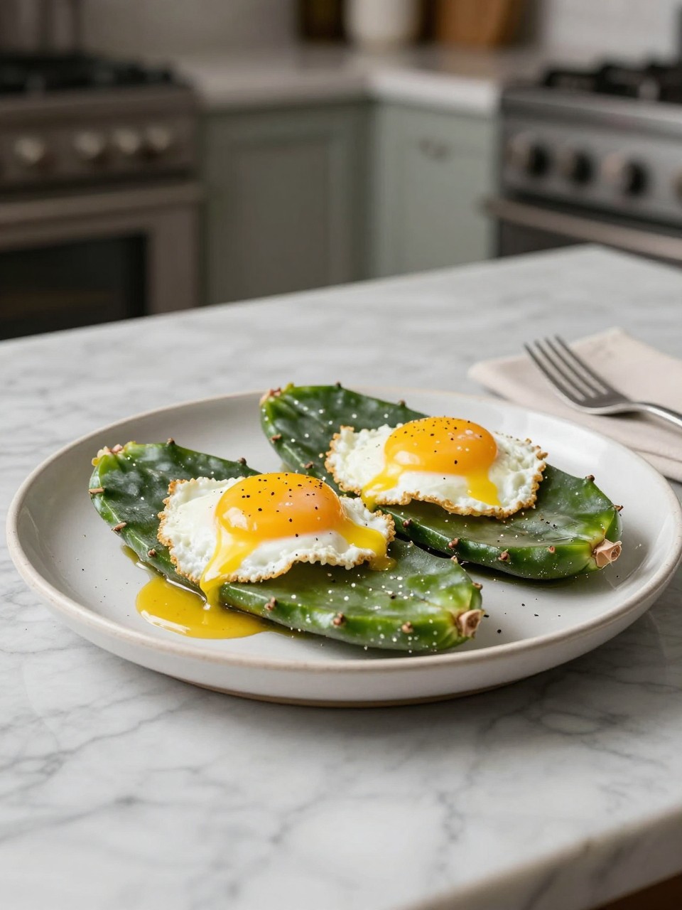 An overheard picture view of a plate of Nopales con Huevos sitting on a marble countertop table in the kitchen, professional food photography style.