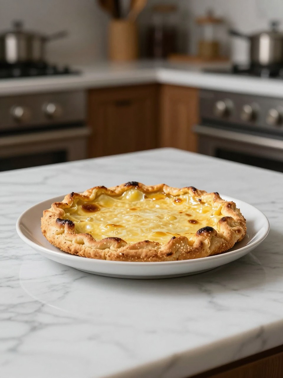 An overheard picture view of a plate of Torta Setteveli sitting on a marble countertop table in the kitchen, professional food photography style.