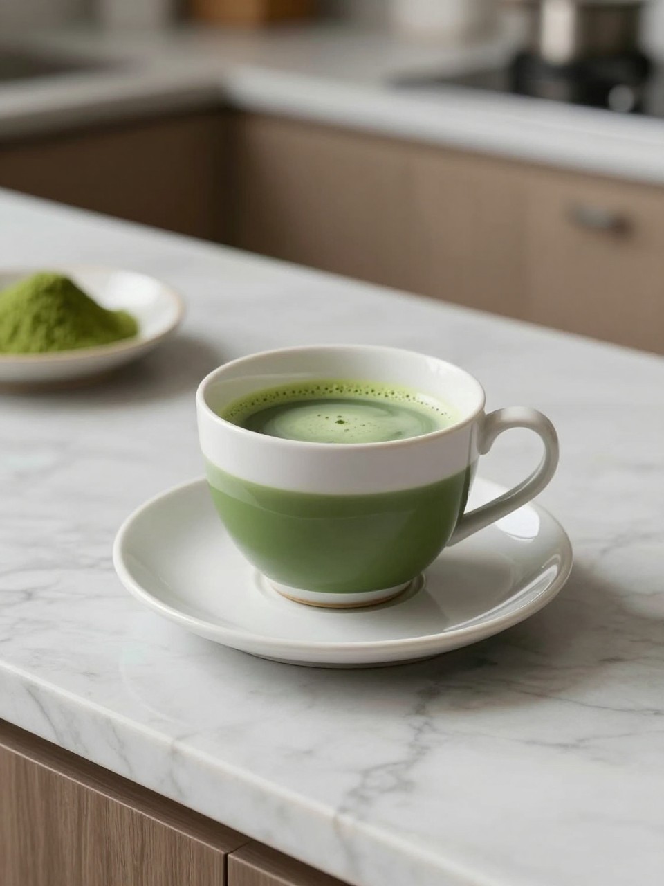 An overheard picture view of a plate of Matcha Green Tea sitting on a marble countertop table in the kitchen, professional food photography style.