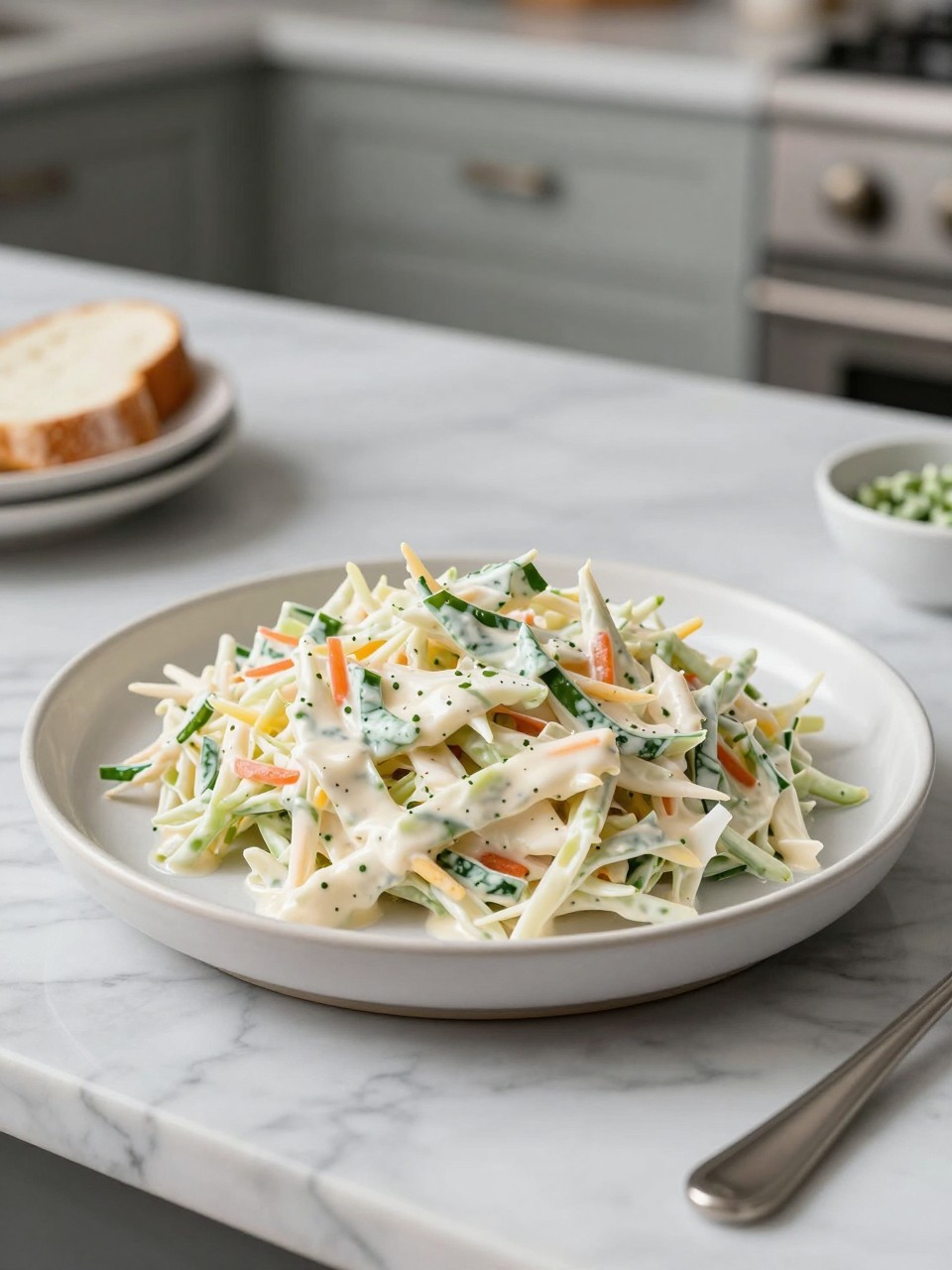 An overheard picture view of a plate of Creamy Vegan Coleslaw sitting on a marble countertop table in the kitchen, professional food photography style.