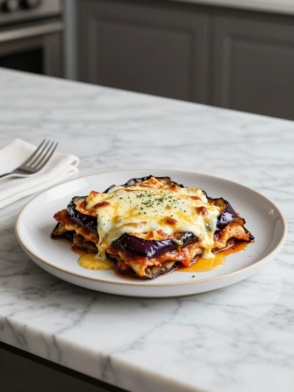 An overheard picture view of a plate of Eggplant Parmigiana sitting on a marble countertop table in the kitchen, professional food photography style.