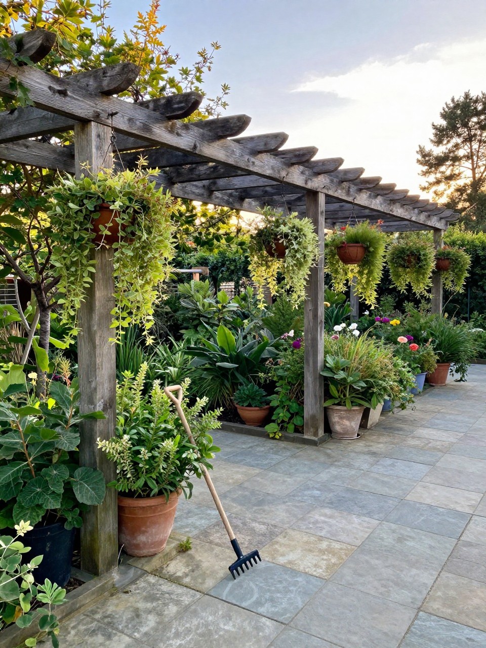 Photo of a pergola with hanging baskets of trailing plants along the edges, wide view, setting in a lush garden with stone pavers, golden hour, containing a small hand rake on the ground, iPhone photo quality.