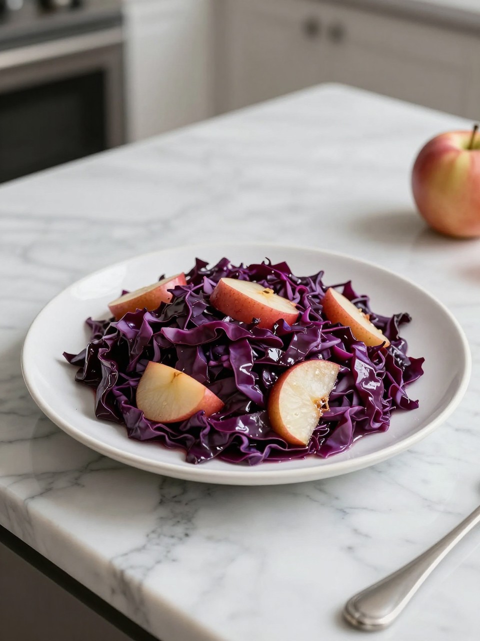 An overheard picture view of a plate of Simple Braised Red Cabbage with Apples sitting on a marble countertop table in the kitchen, professional food photography style.
