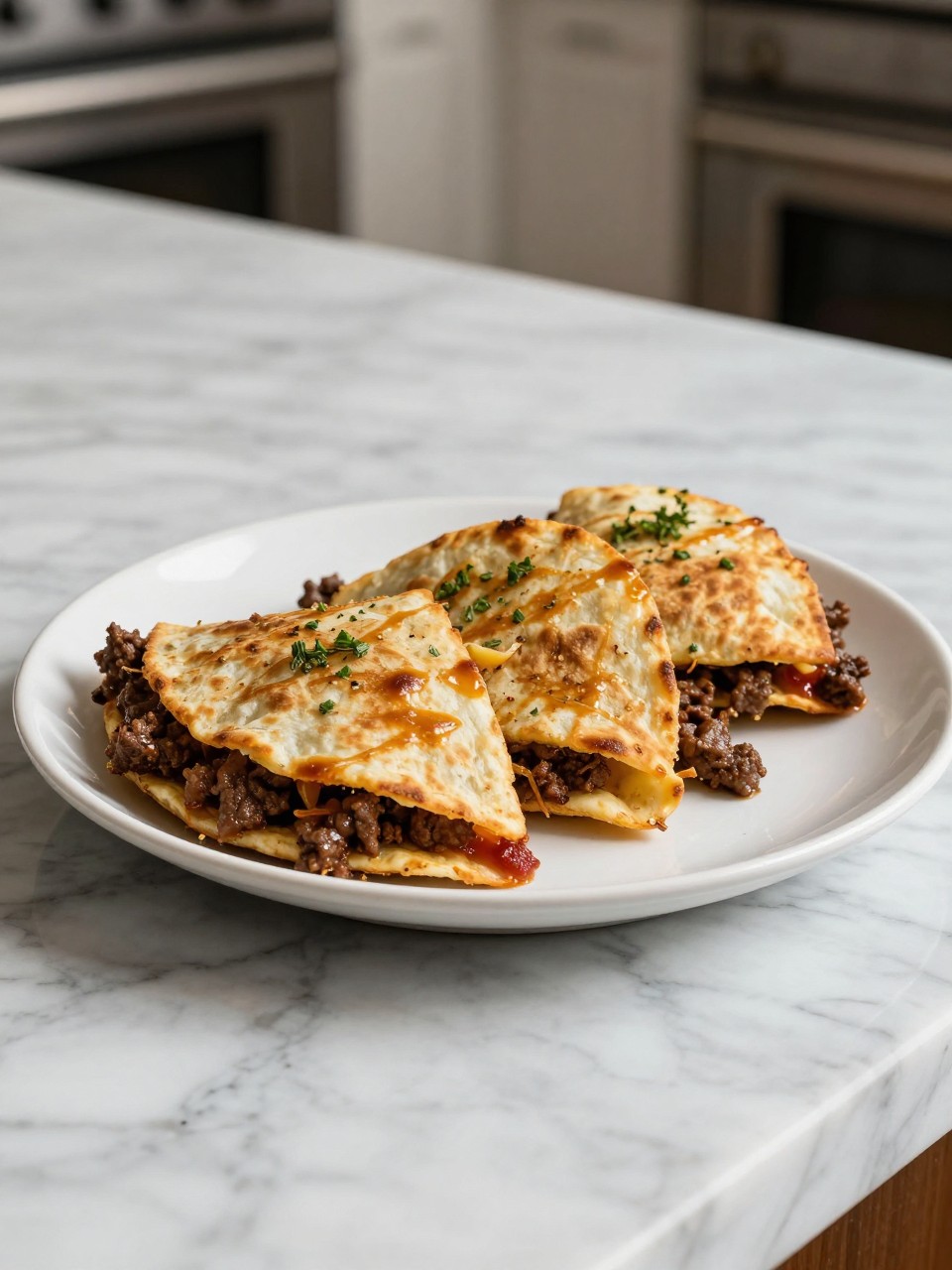 An overheard picture view of a plate of Ground Beef Quesadillas sitting on a marble countertop table in the kitchen, professional food photography style.