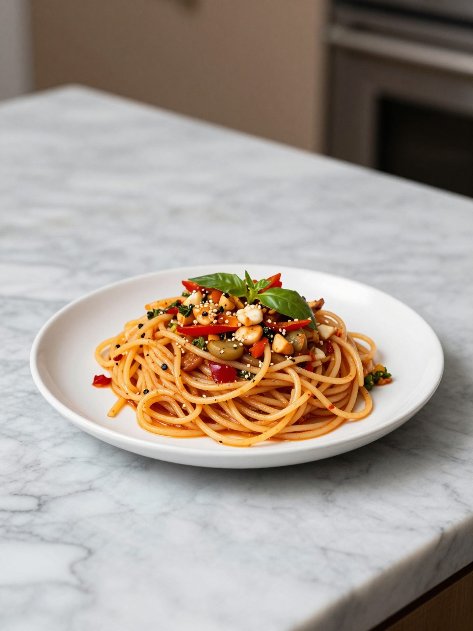 An overheard picture view of a plate of Spicy Thai Spaghetti Salad sitting on a marble countertop table in the kitchen, professional food photography style.