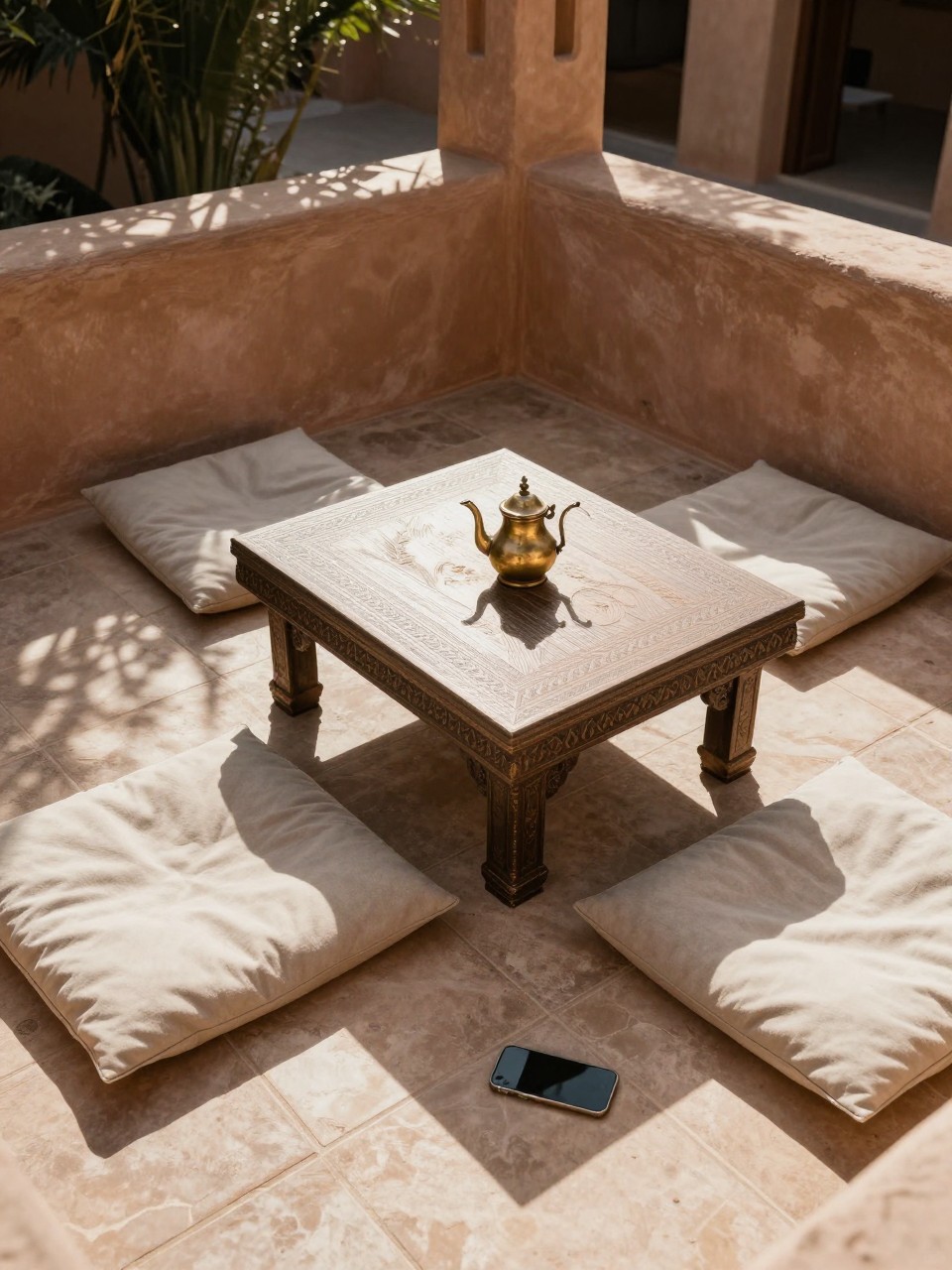 Photo of a low Moroccan-style table surrounded by floor cushions, wide overhead view, setting in a shaded patio corner with tile floors, late afternoon light, containing a small brass teapot on the table, iPhone photo quality.