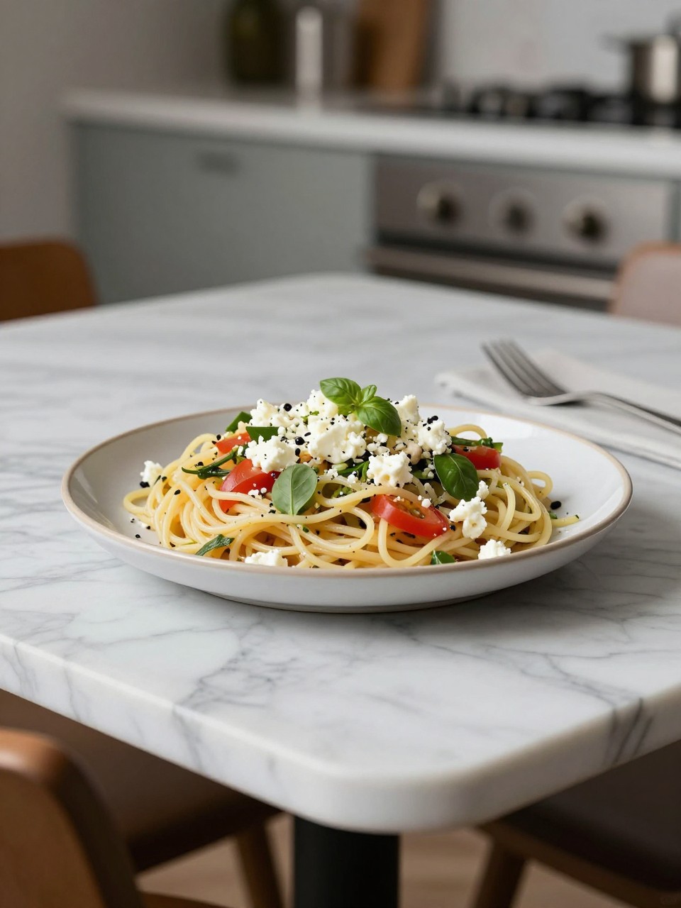 An overheard picture view of a plate of Mediterranean Spaghetti Salad with Feta sitting on a marble countertop table in the kitchen, professional food photography style.