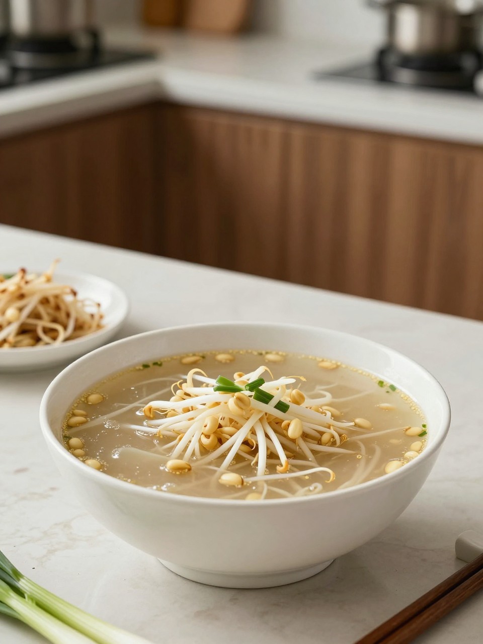 An overheard picture view of a plate of Kongnamul Guk (Soybean Sprout Soup) sitting on a marble countertop table in the kitchen, professional food photography style.