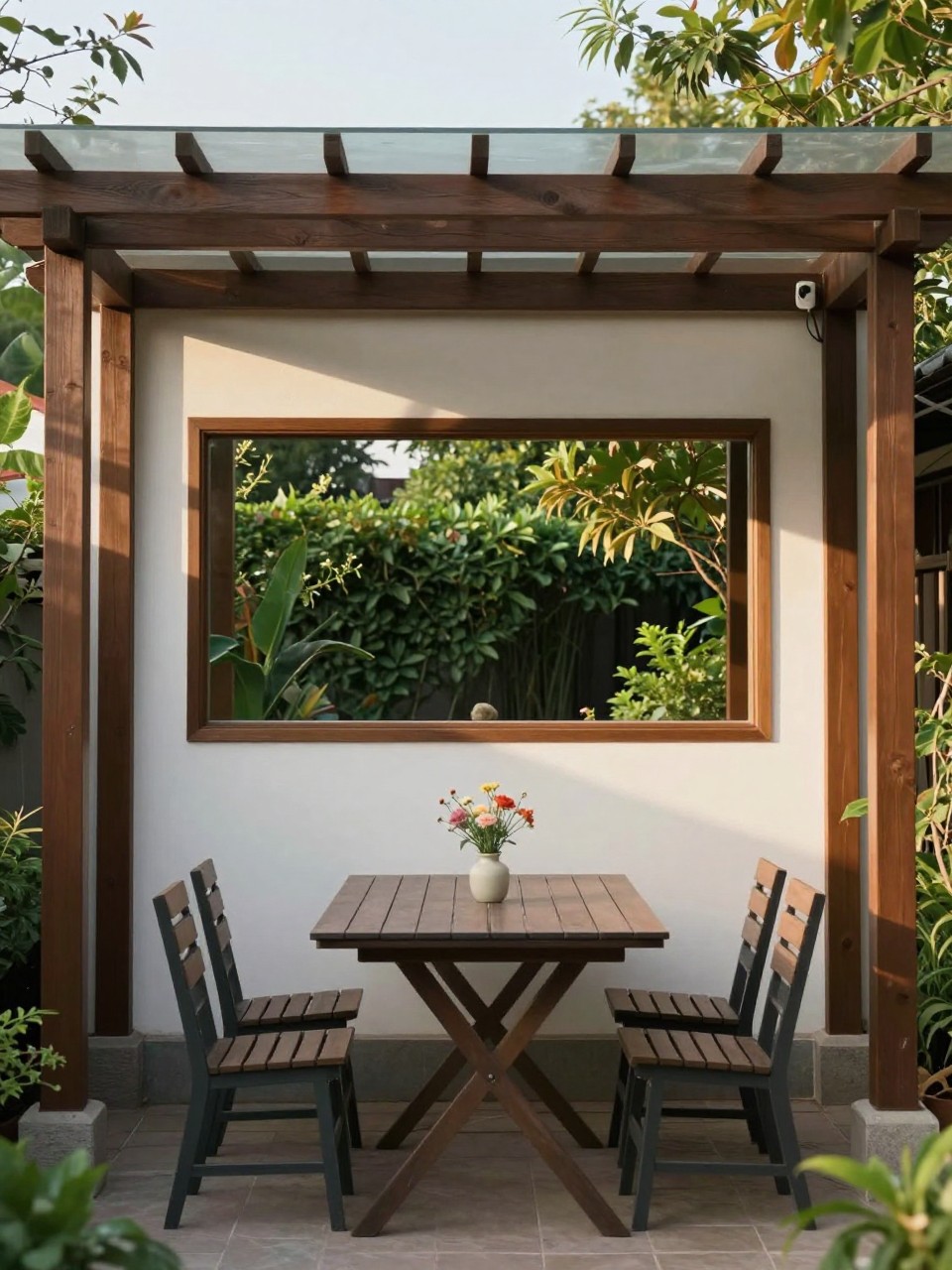 Photo of a pergola with a large mirror on one wall reflecting greenery, straight-on view, setting in a small garden with dining table, late afternoon light, containing a small vase with flowers on the table, iPhone photo quality.