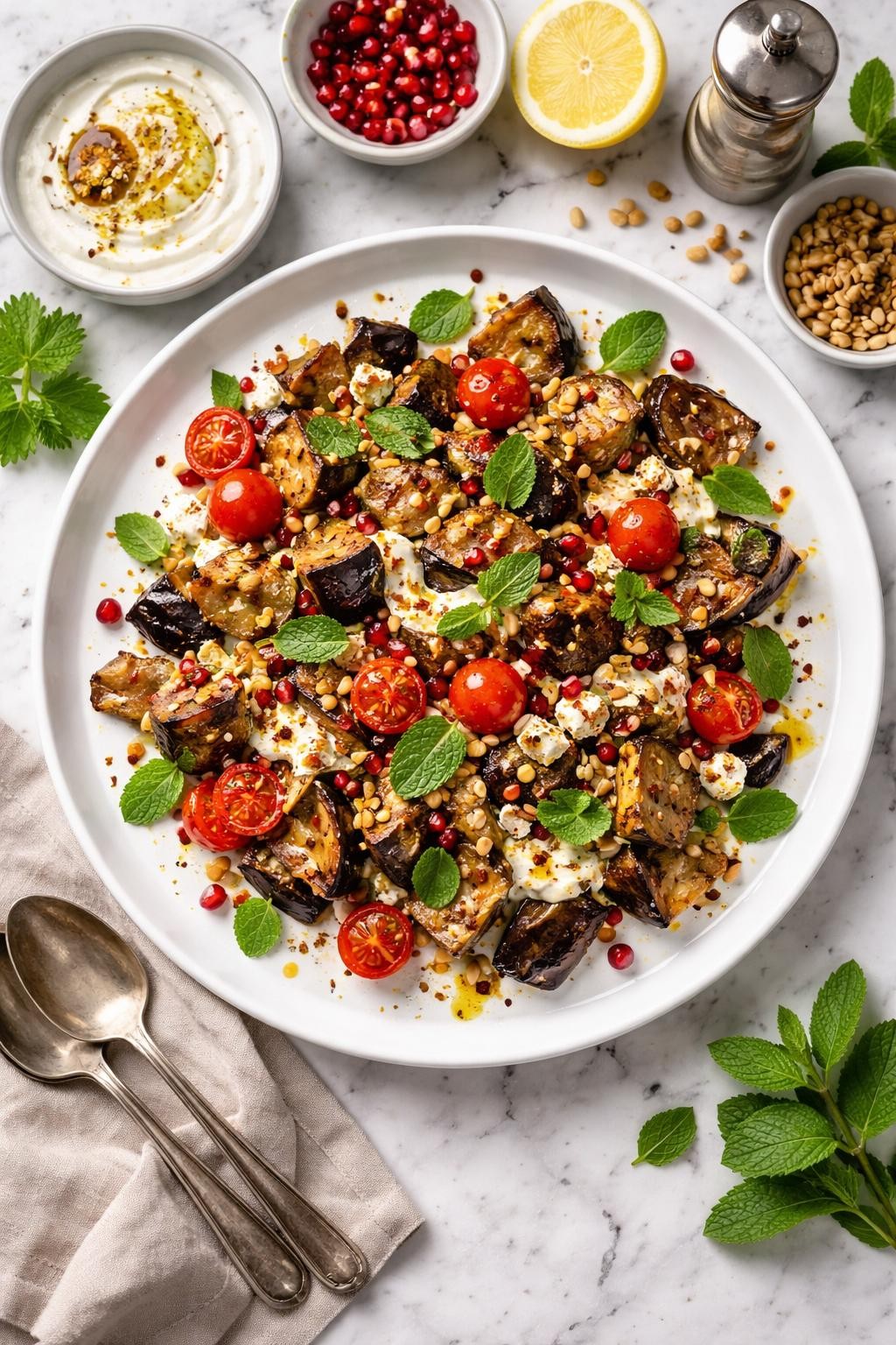 An overheard picture view of a plate of Charred Eggplant Salad with Yogurt and Mint sitting on a marble countertop table in the kitchen, professional food photography style.