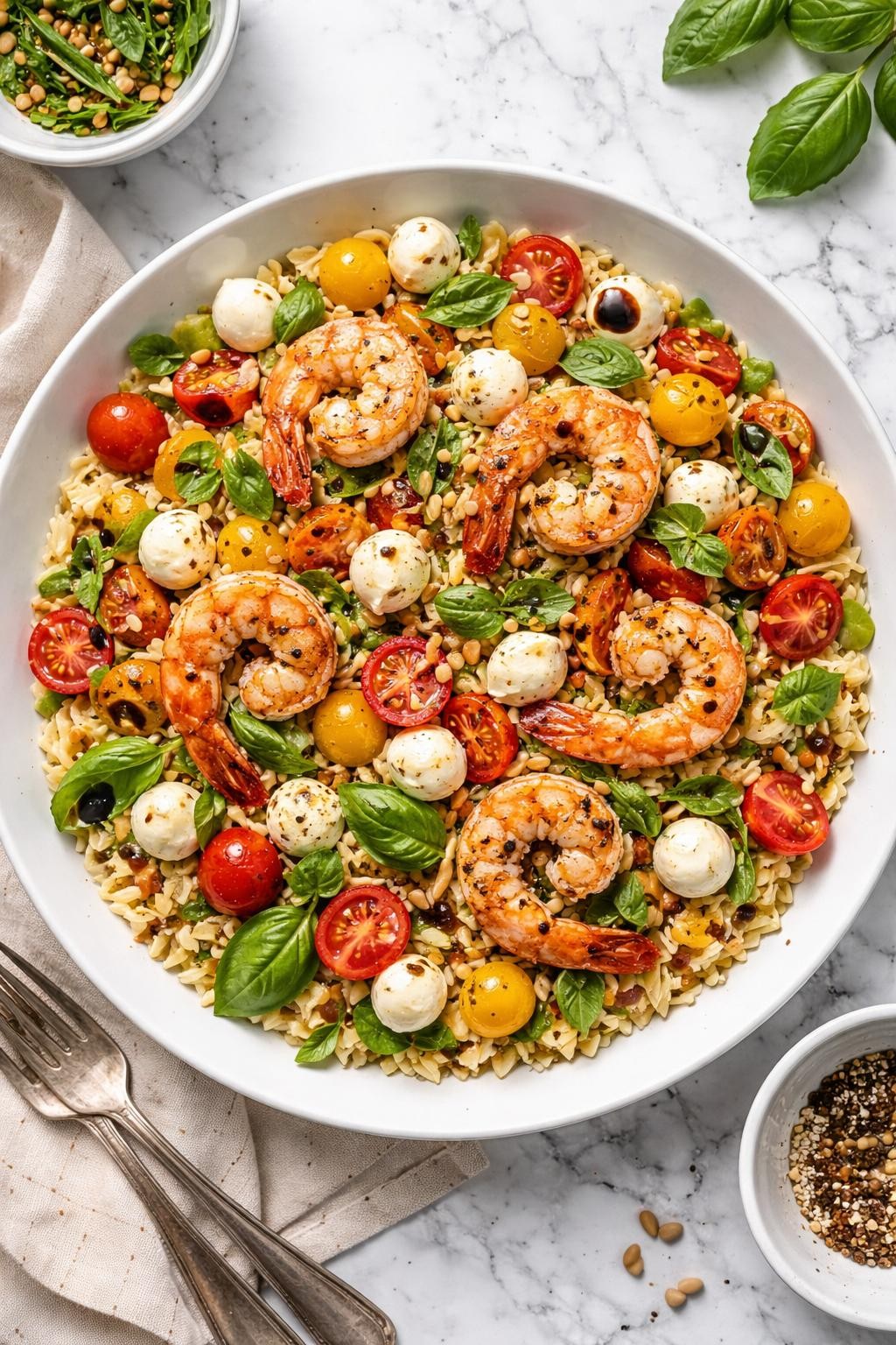 An overheard picture view of a plate of Caprese Orzo Salad with Shrimp   sitting on a marble countertop table in the kitchen, professional food photography style.
