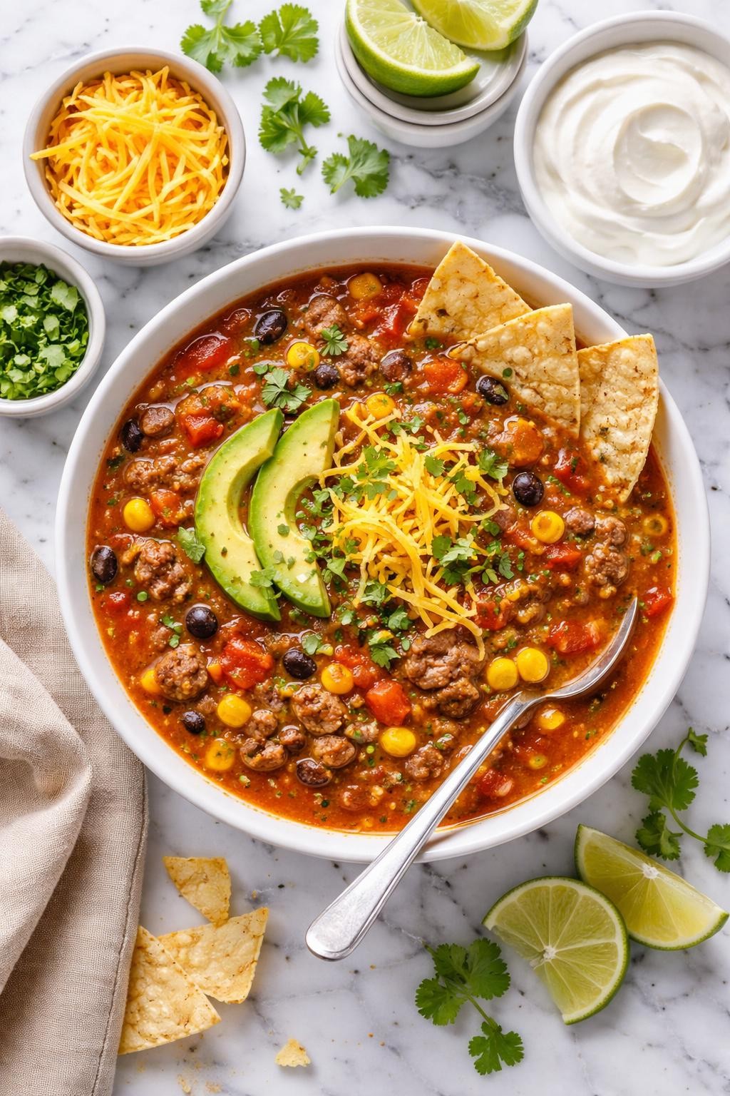 An overheard picture view of a plate of 5-Ingredient Taco Soup sitting on a marble countertop table in the kitchen, professional food photography style.