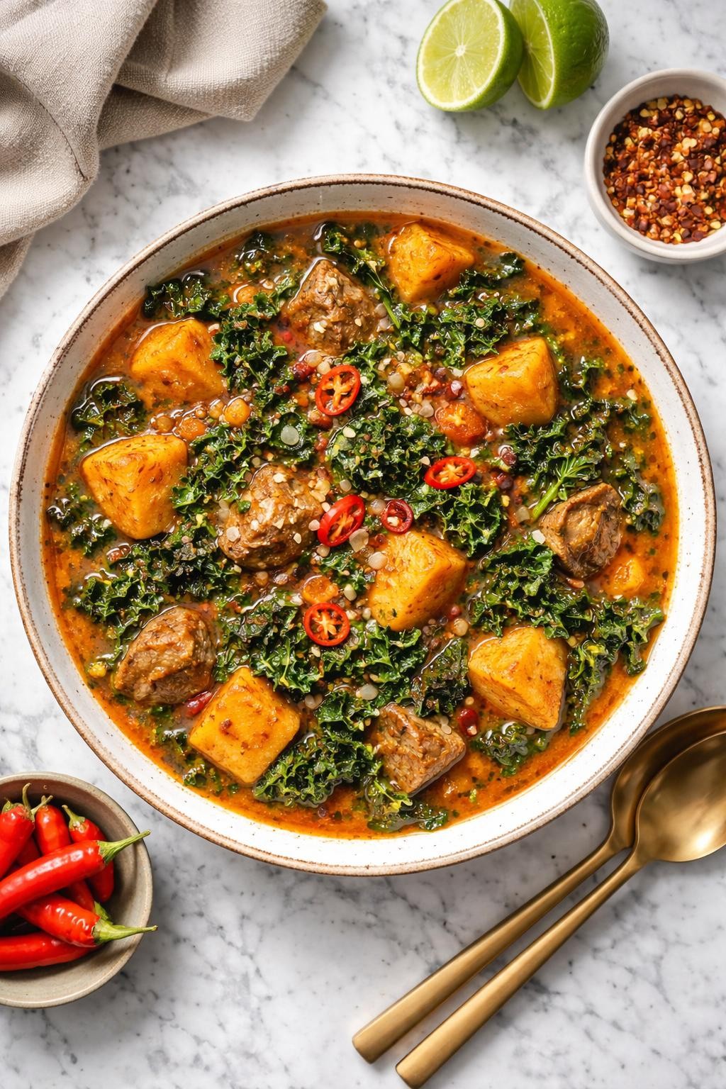 An overheard picture view of a plate of  African Kale and Yam Soup  sitting on a marble countertop table in the kitchen, professional food photography style.
