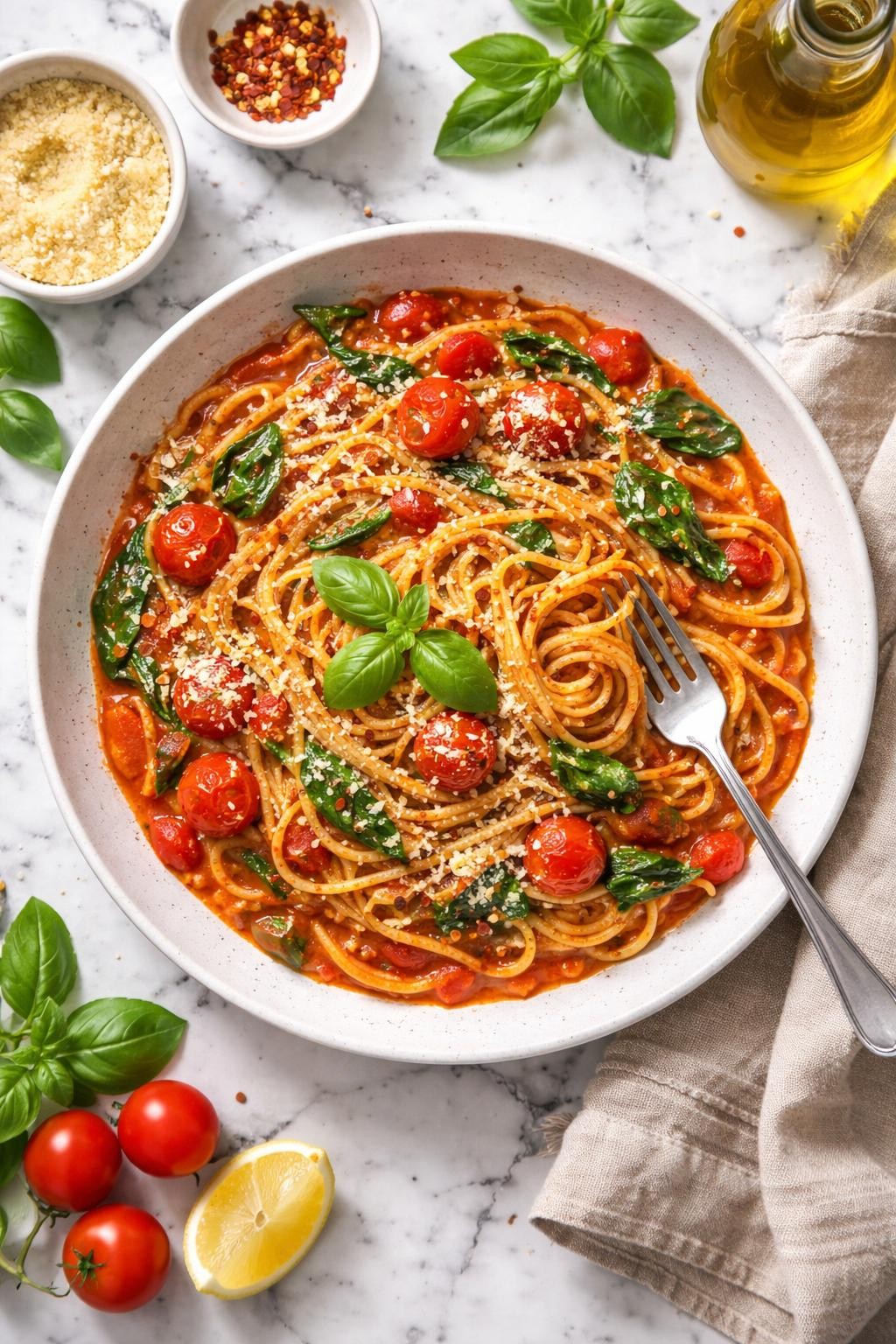 An overheard picture view of a plate of   One-Pot Vegan Marinara Pasta sitting on a marble countertop table in the kitchen, professional food photography style.
