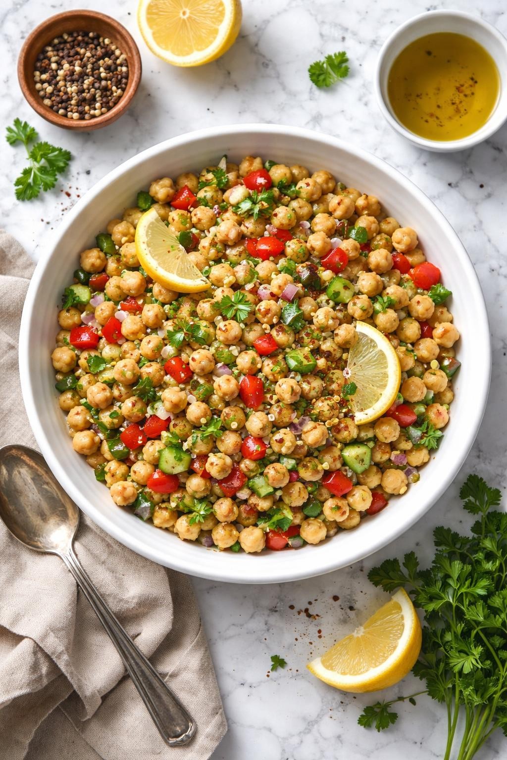 An overheard picture view of a plate of Marinated Chickpea Method sitting on a marble countertop table in the kitchen, professional food photography style.
