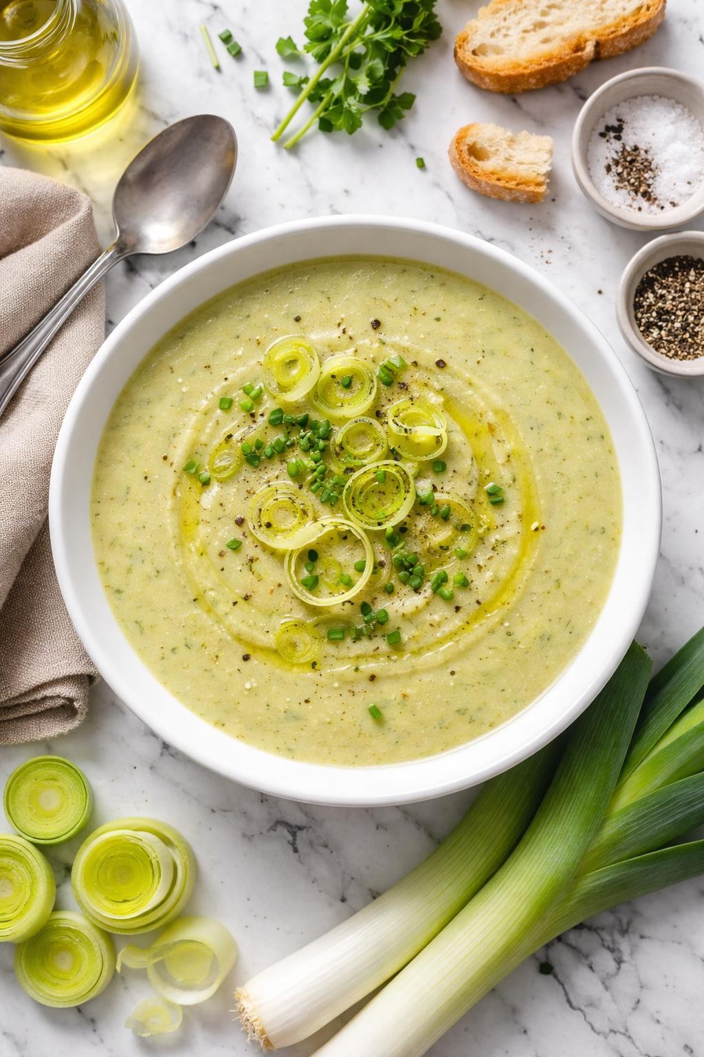 An overheard picture view of a plate of Simple 5-Ingredient Leek Soup   sitting on a marble countertop table in the kitchen, professional food photography style.
