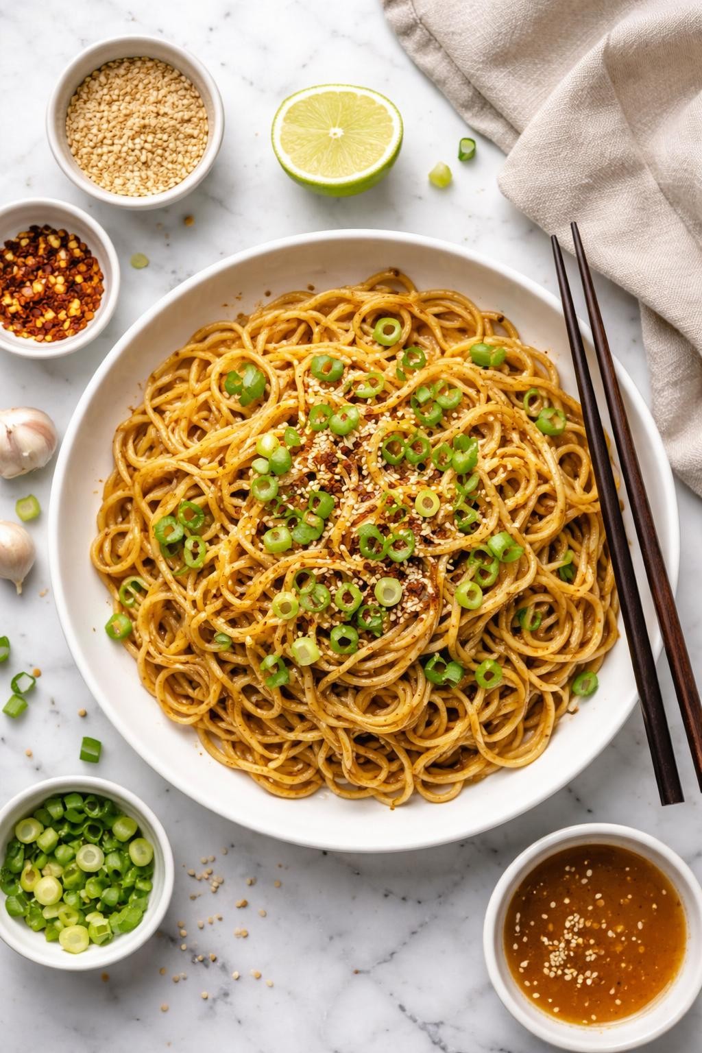 An overheard picture view of a plate of Garlic Sesame Noodles sitting on a marble countertop table in the kitchen, professional food photography style.