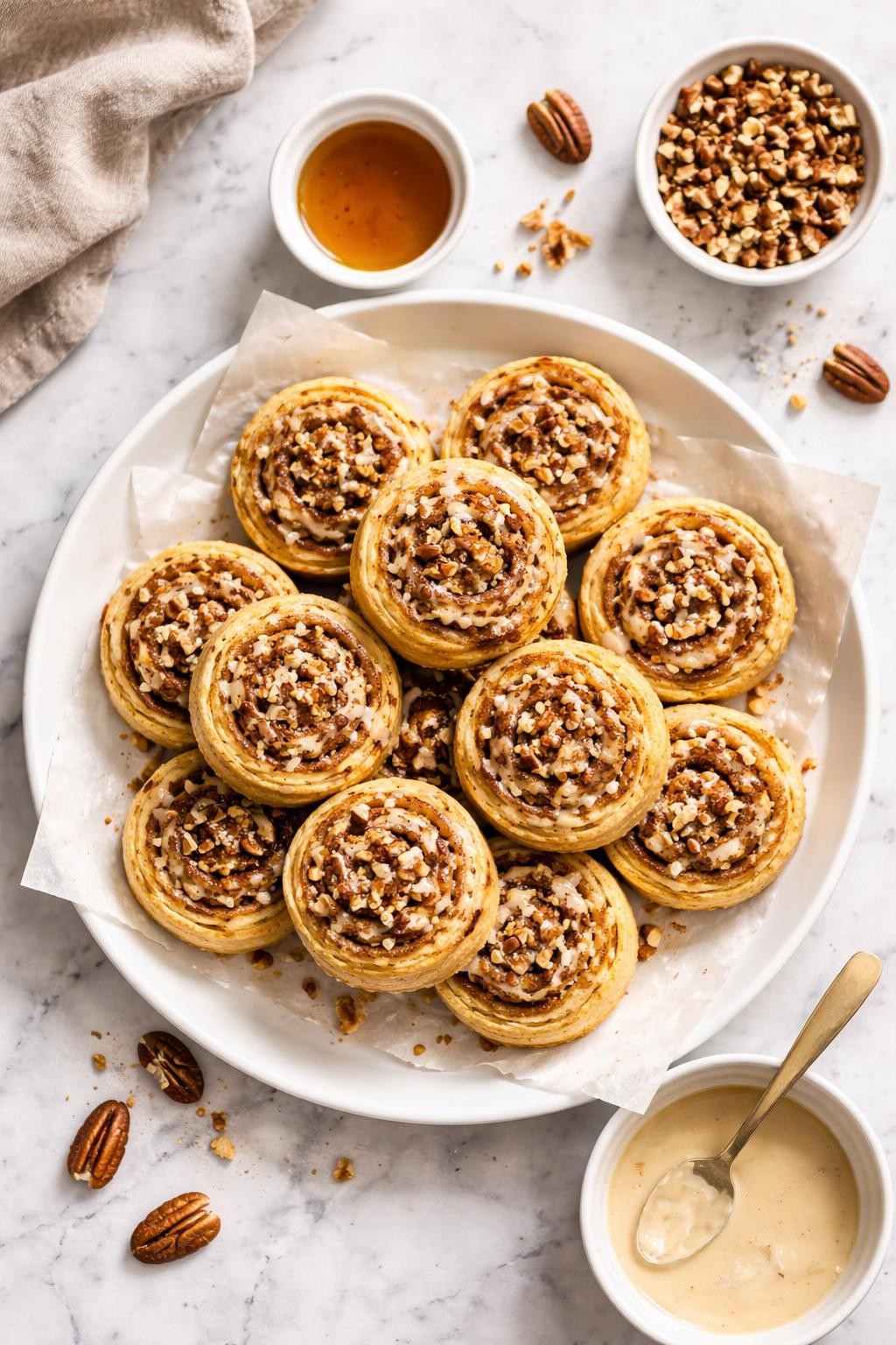 An overheard picture view of a plate of Vegan Pecan Pinwheels sitting on a marble countertop table in the kitchen, professional food photography style.
