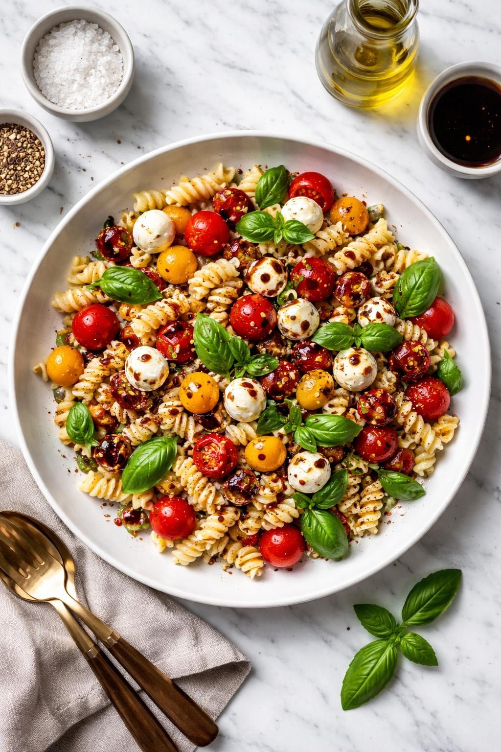 An overheard picture view of a plate of Balsamic Twist Version sitting on a marble countertop table in the kitchen, professional food photography style.