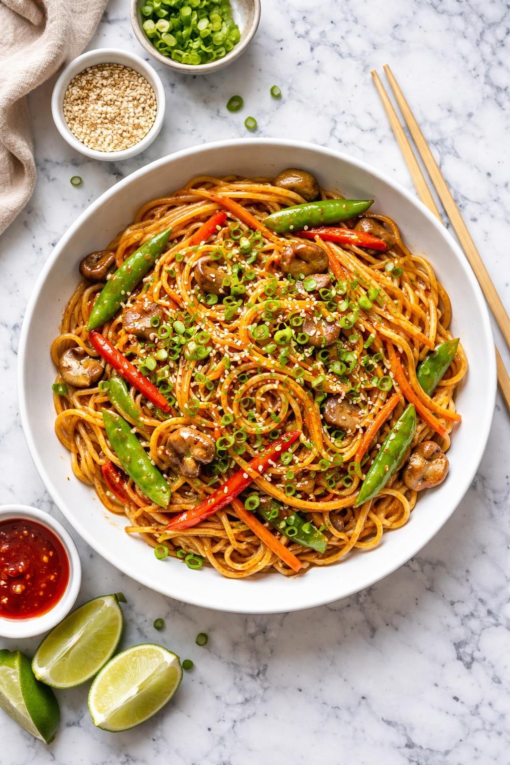 An overheard picture view of a plate of Sweet and Spicy Lo Mein sitting on a marble countertop table in the kitchen, professional food photography style.