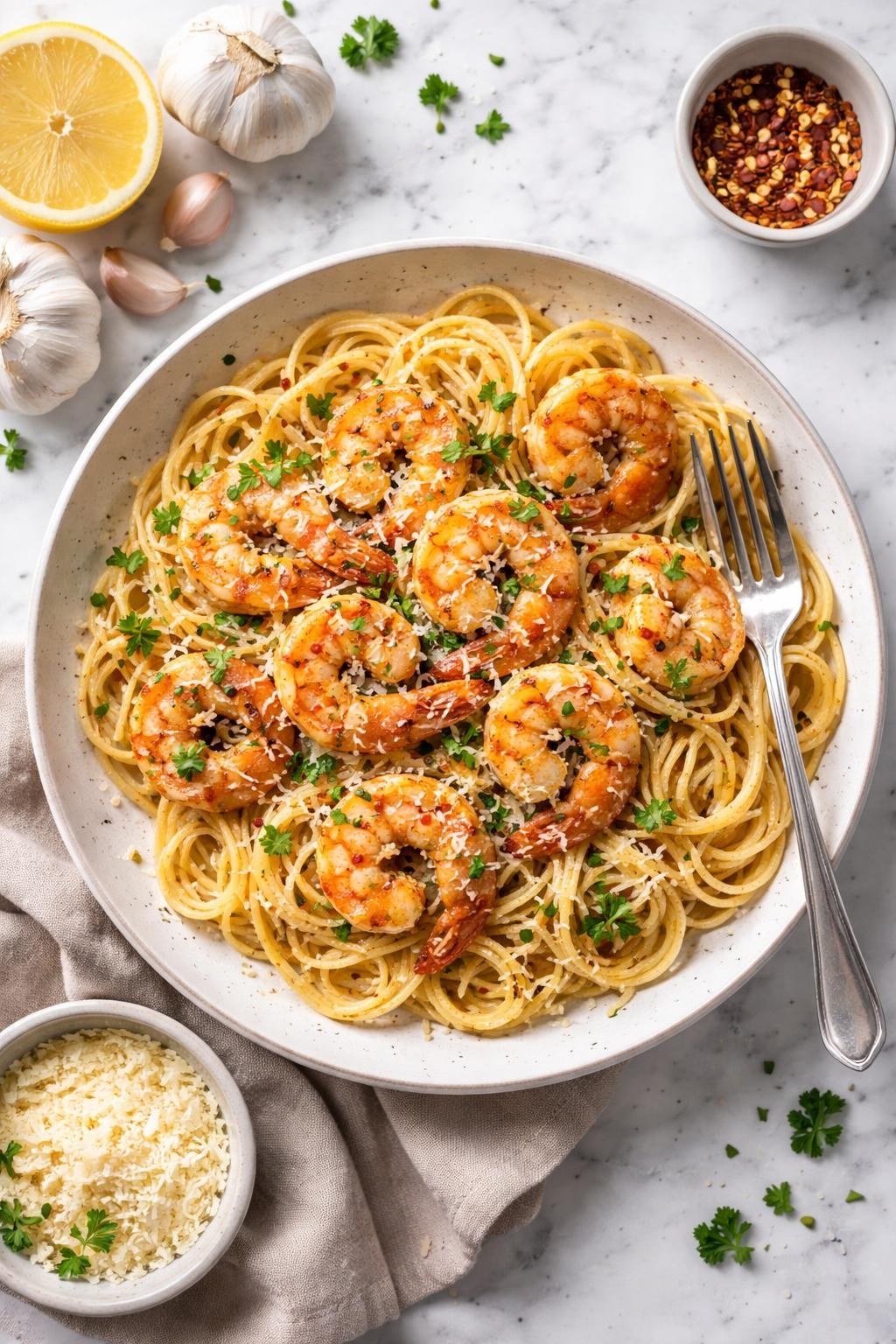 An overheard picture view of a plate of Garlic Lover's Version sitting on a marble countertop table in the kitchen, professional food photography style.