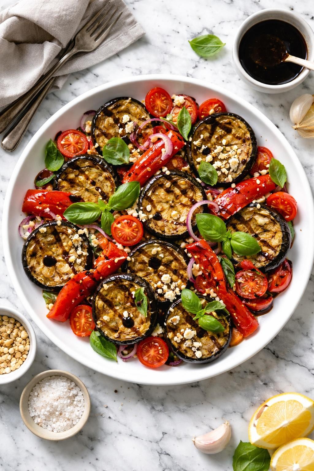 An overheard picture view of a plate of Eggplant and Roasted Red Pepper Salad with Balsamic sitting on a marble countertop table in the kitchen, professional food photography style.