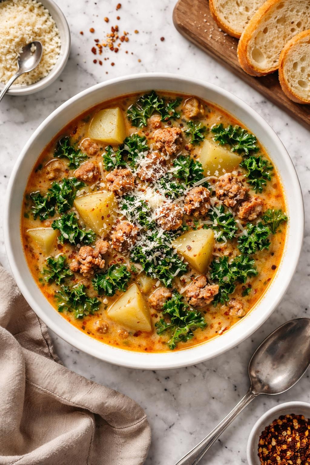 An overheard picture view of a plate of  Spicy Italian Sausage Soup with Potatoes and Kale  sitting on a marble countertop table in the kitchen, professional food photography style.

