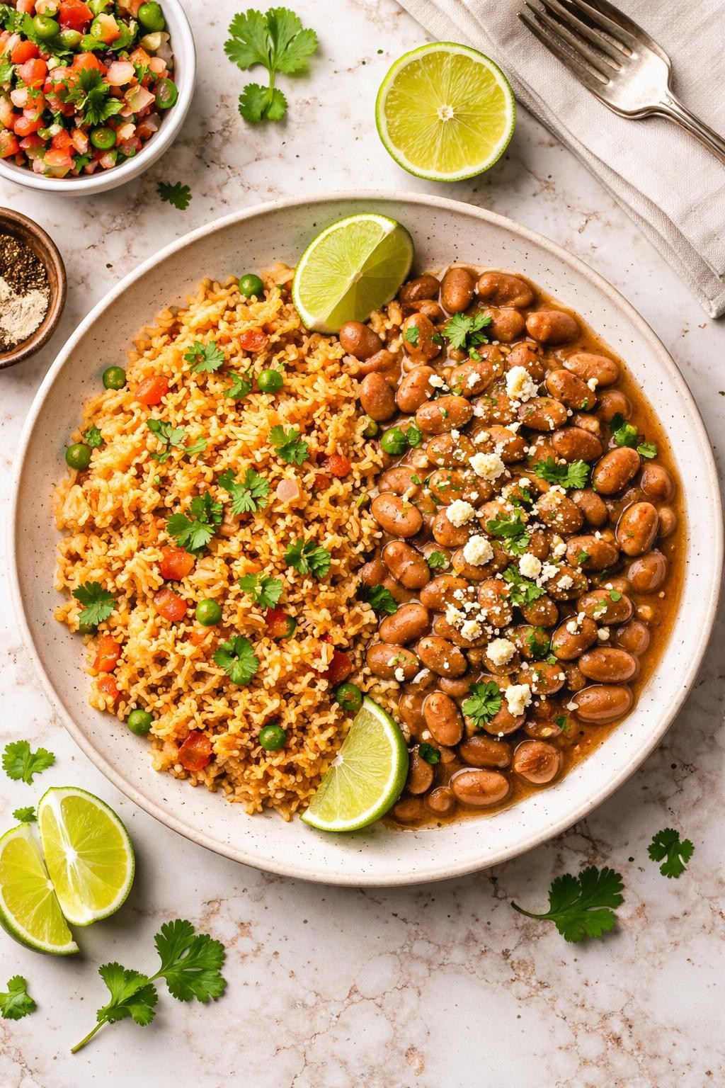 An overheard picture view of a plate of Mexican Rice and Pinto Beans sitting on a marble countertop table in the kitchen, professional food photography style.