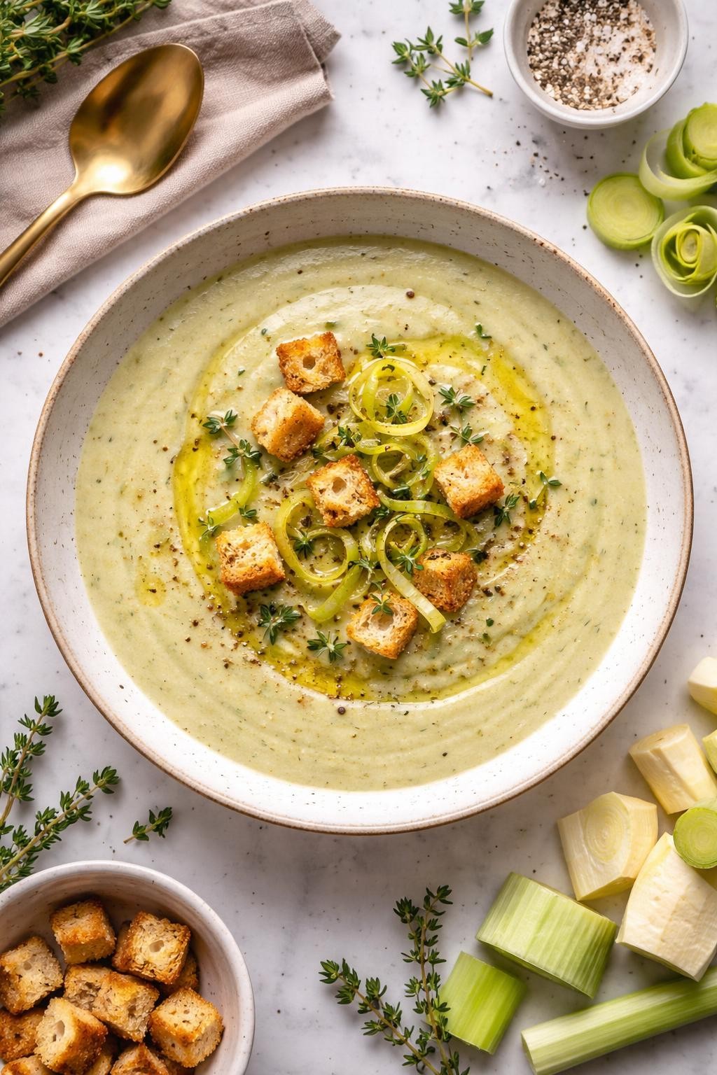 An overheard picture view of a plate of  Leek and Celeriac Soup  sitting on a marble countertop table in the kitchen, professional food photography style.
