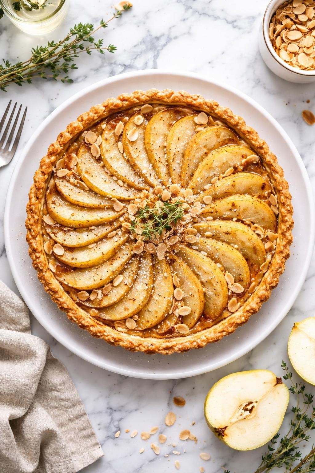 An overheard picture view of a plate of Vegan Pear and Almond Tart sitting on a marble countertop table in the kitchen, professional food photography style.