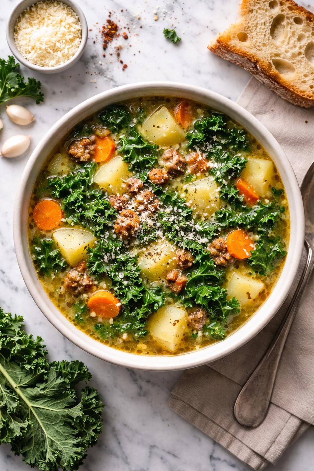 An overheard picture view of a plate of   Simple Potato and Kale Soup sitting on a marble countertop table in the kitchen, professional food photography style.
