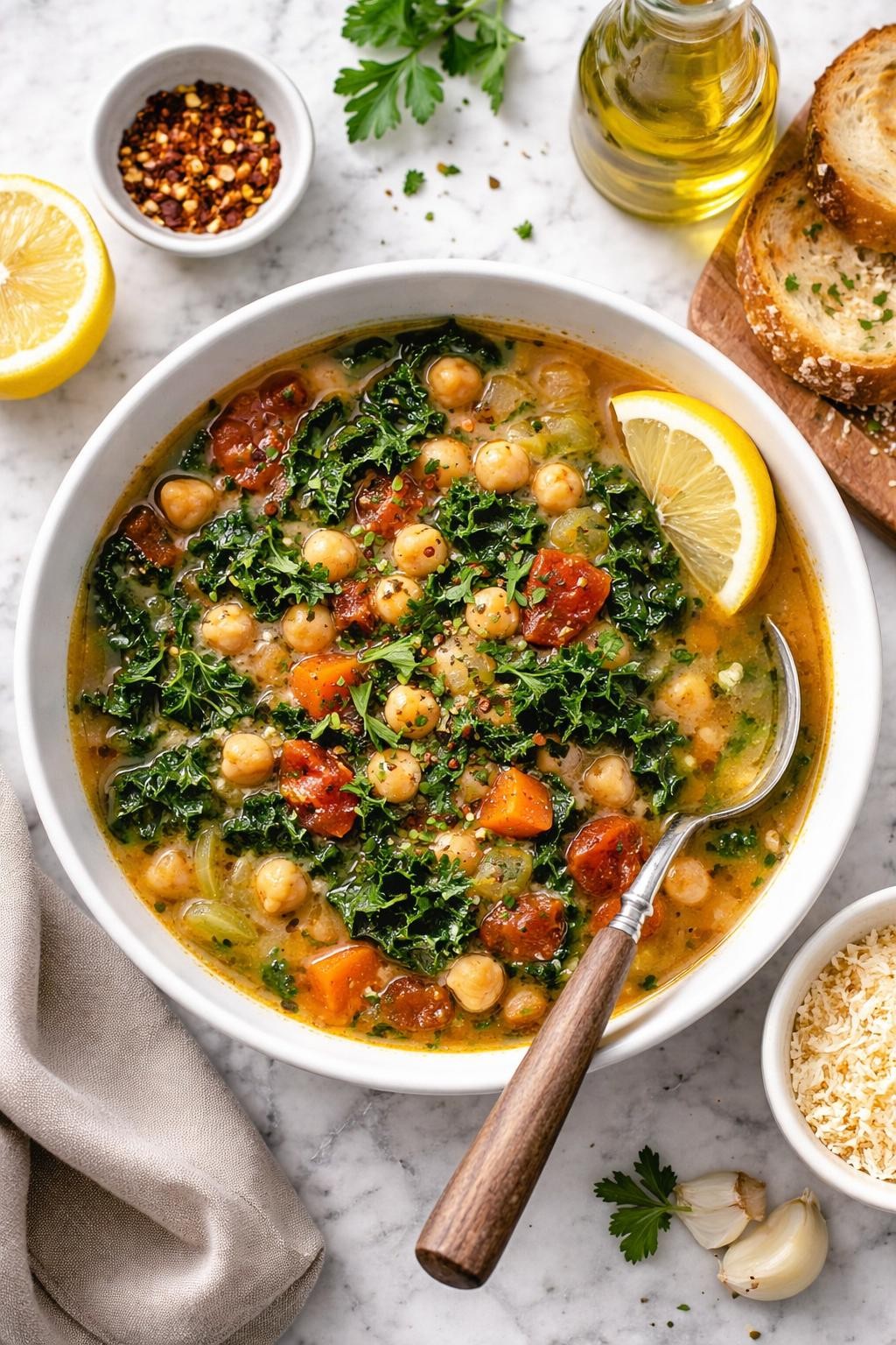 An overheard picture view of a plate of  Mediterranean Kale and Chickpea Soup  sitting on a marble countertop table in the kitchen, professional food photography style.
