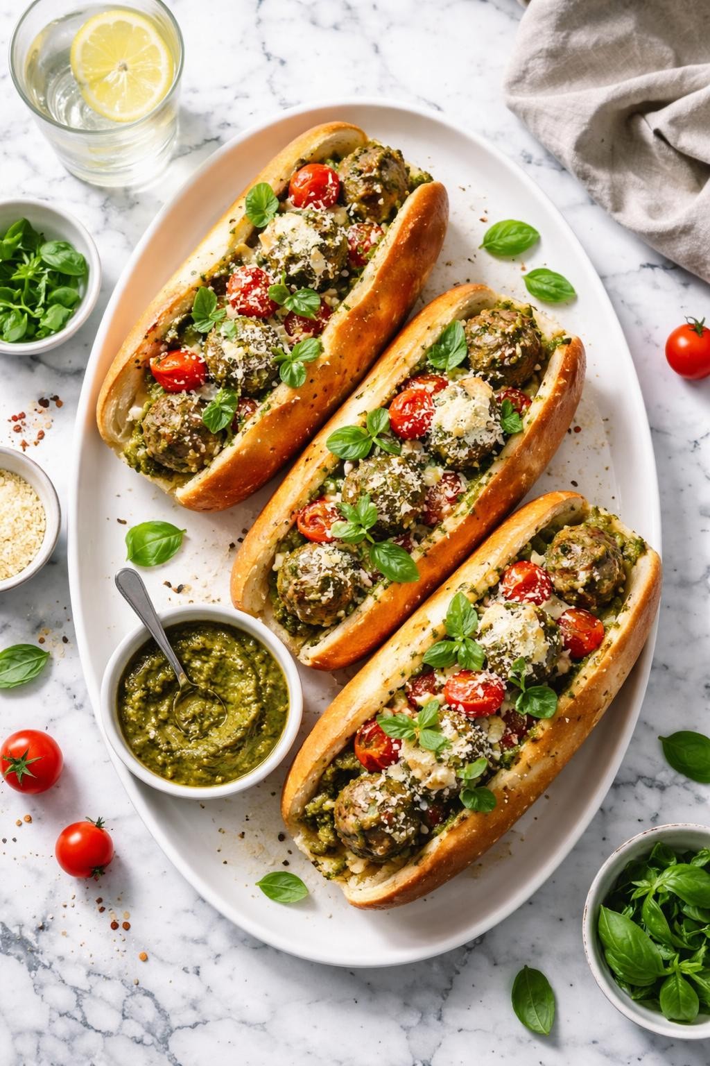 An overheard picture view of a plate of  Pesto Sausage Meatball Subs  sitting on a marble countertop table in the kitchen, professional food photography style.
