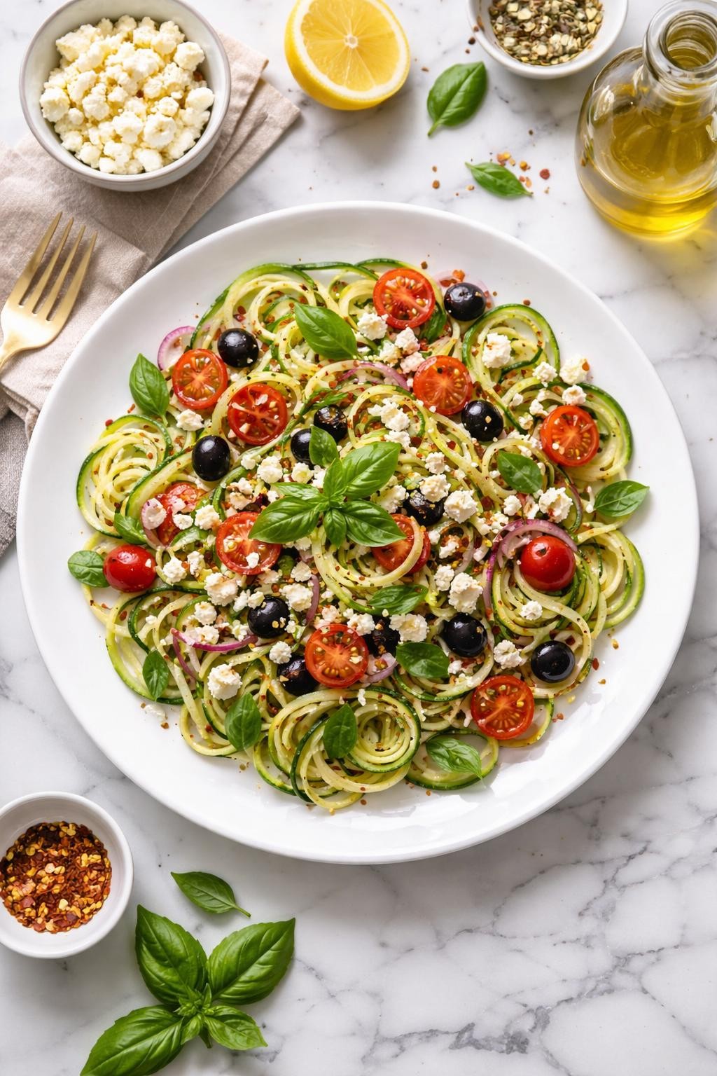 An overheard picture view of a plate of Mediterranean Zucchini Noodles sitting on a marble countertop table in the kitchen, professional food photography style.