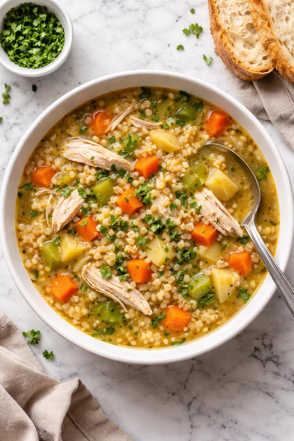 An overheard picture view of a plate of  Chicken and Vegetable Soup with Barley  sitting on a marble countertop table in the kitchen, professional food photography style.
