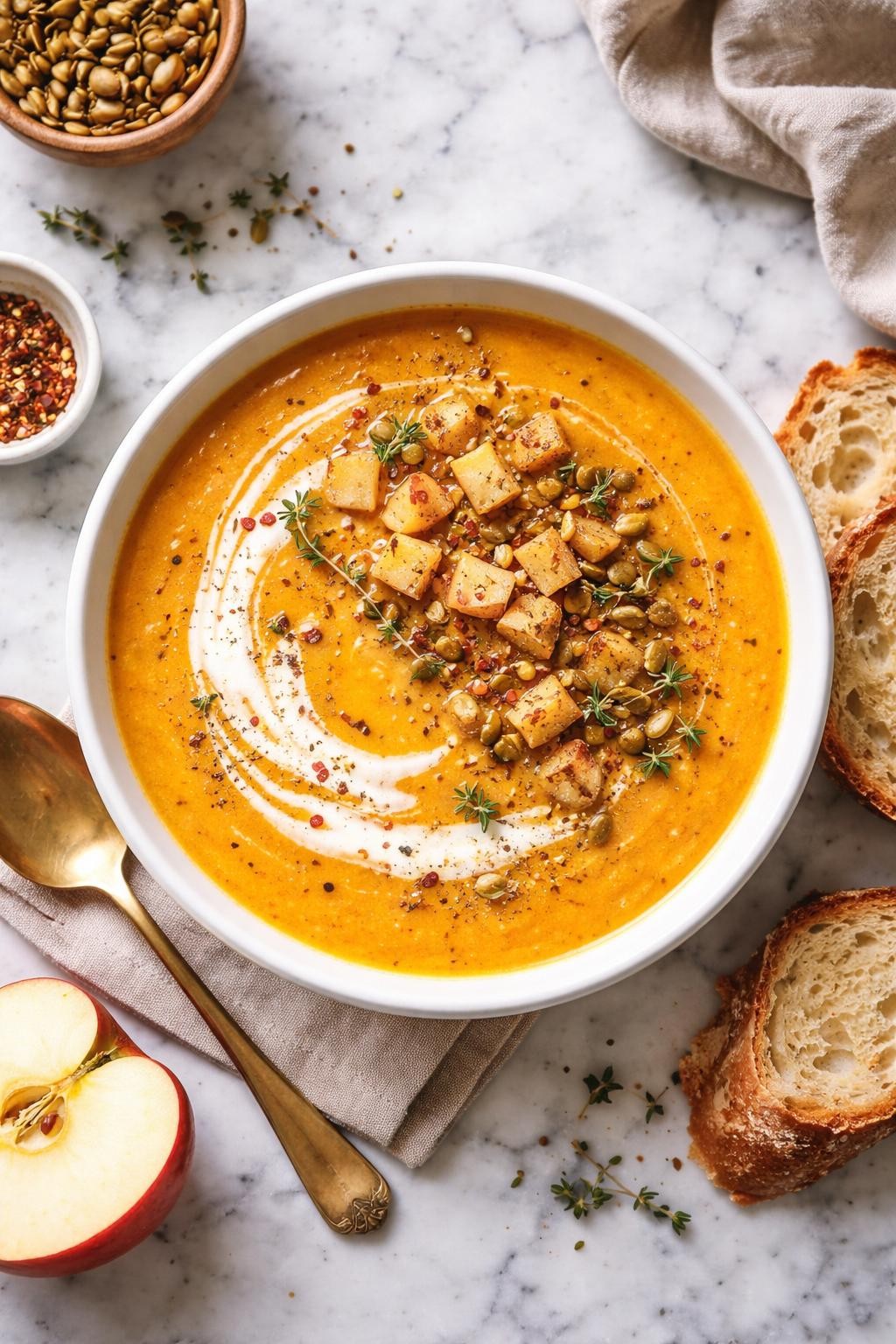 An overheard picture view of a plate of Spiced Butternut Squash Soup with Apple sitting on a marble countertop table in the kitchen, professional food photography style.