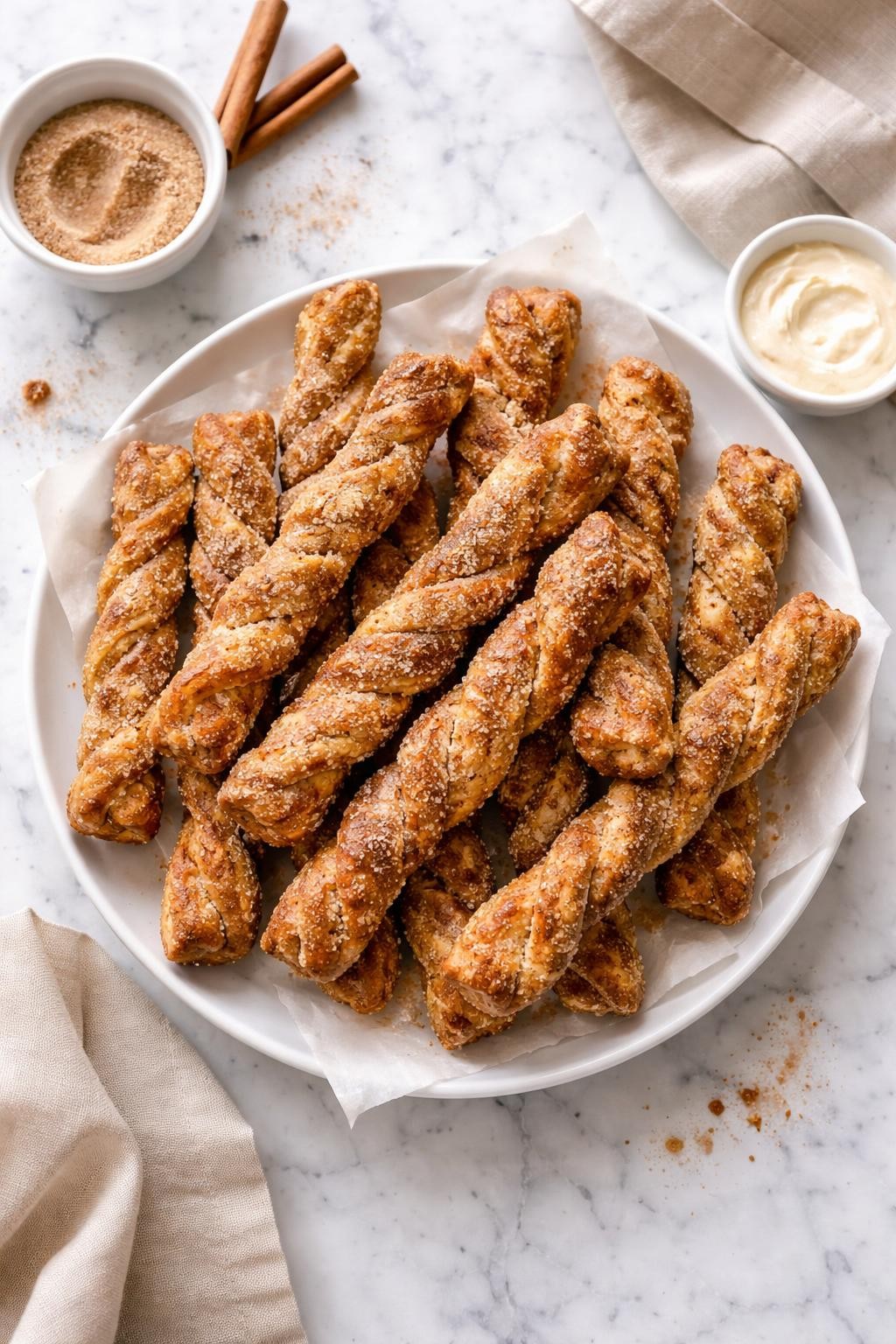 An overheard picture view of a plate of Vegan Cinnamon Sugar Twists sitting on a marble countertop table in the kitchen, professional food photography style.