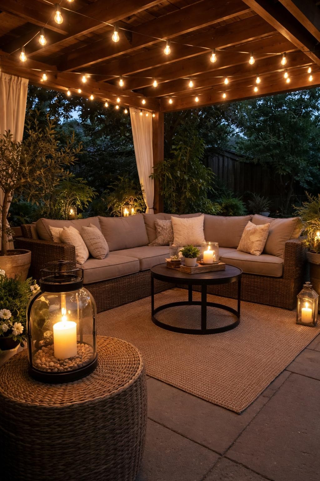 Photo of a patio corner with a canopy of string lights overhead, wide view, setting in a covered outdoor seating area at dusk, warm evening light, containing a glass lantern on a side table, iPhone photo quality.