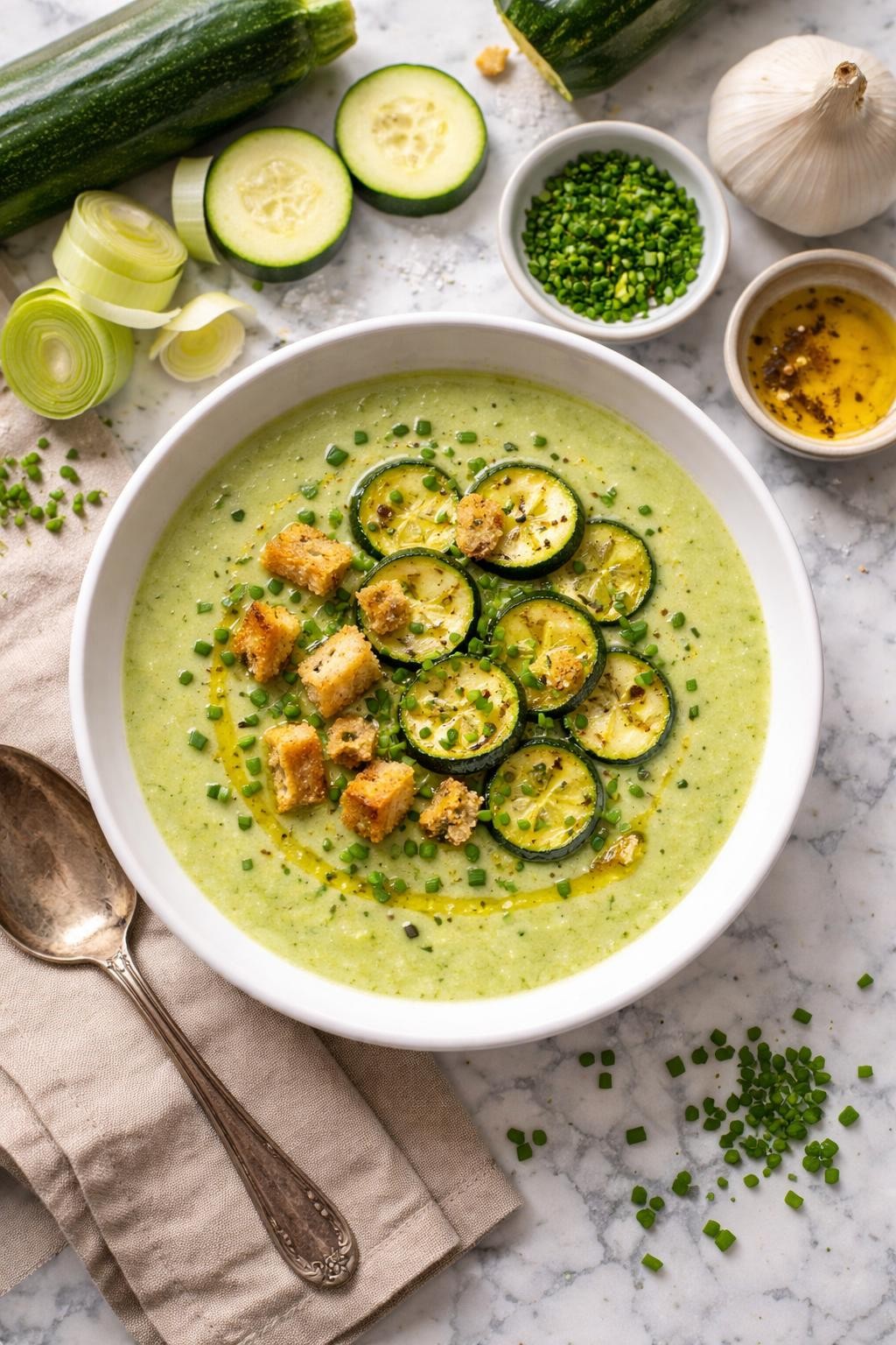 An overheard picture view of a plate of  Leek and Zucchini Soup  sitting on a marble countertop table in the kitchen, professional food photography style.
