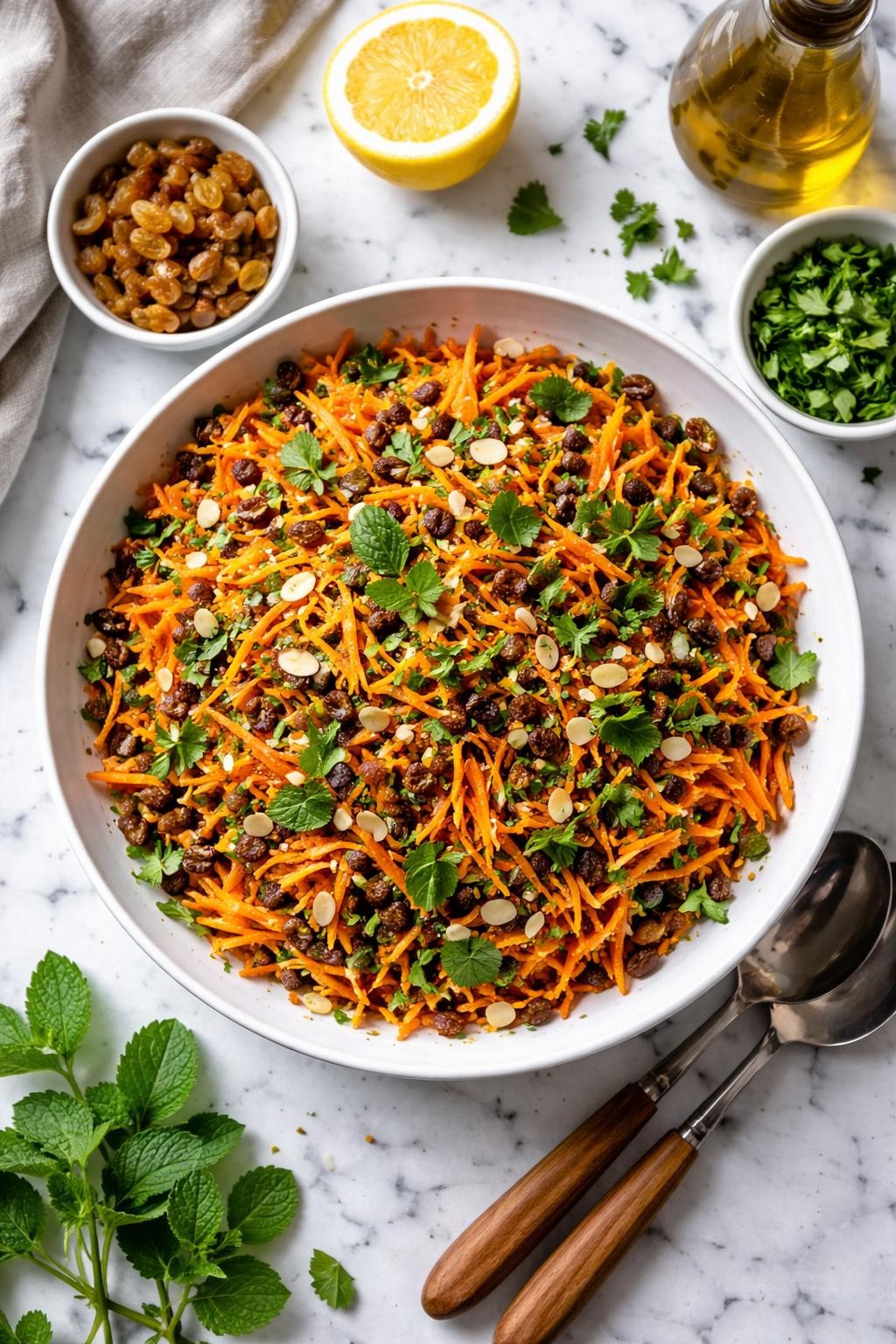 An overheard picture view of a plate of  Mint and Parsley Carrot Raisin Salad  sitting on a marble countertop table in the kitchen, professional food photography style.
