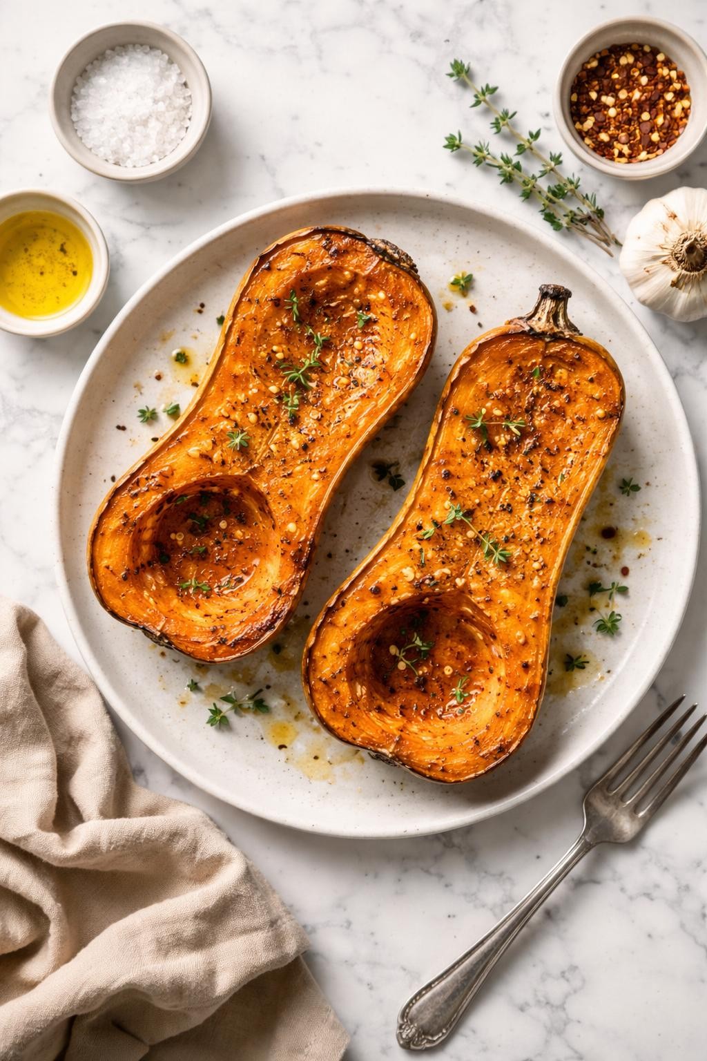An overheard picture view of a plate of Simple Roasted Butternut Squash Halves sitting on a marble countertop table in the kitchen, professional food photography style.