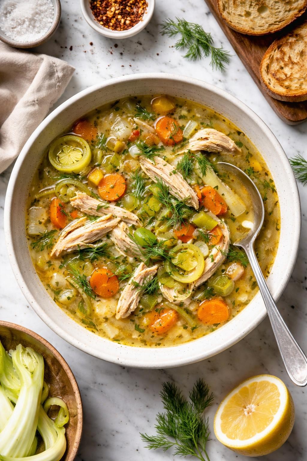 An overheard picture view of a plate of  Chicken and Vegetable Soup with Fennel and Leeks sitting on a marble countertop table in the kitchen, professional food photography style.
