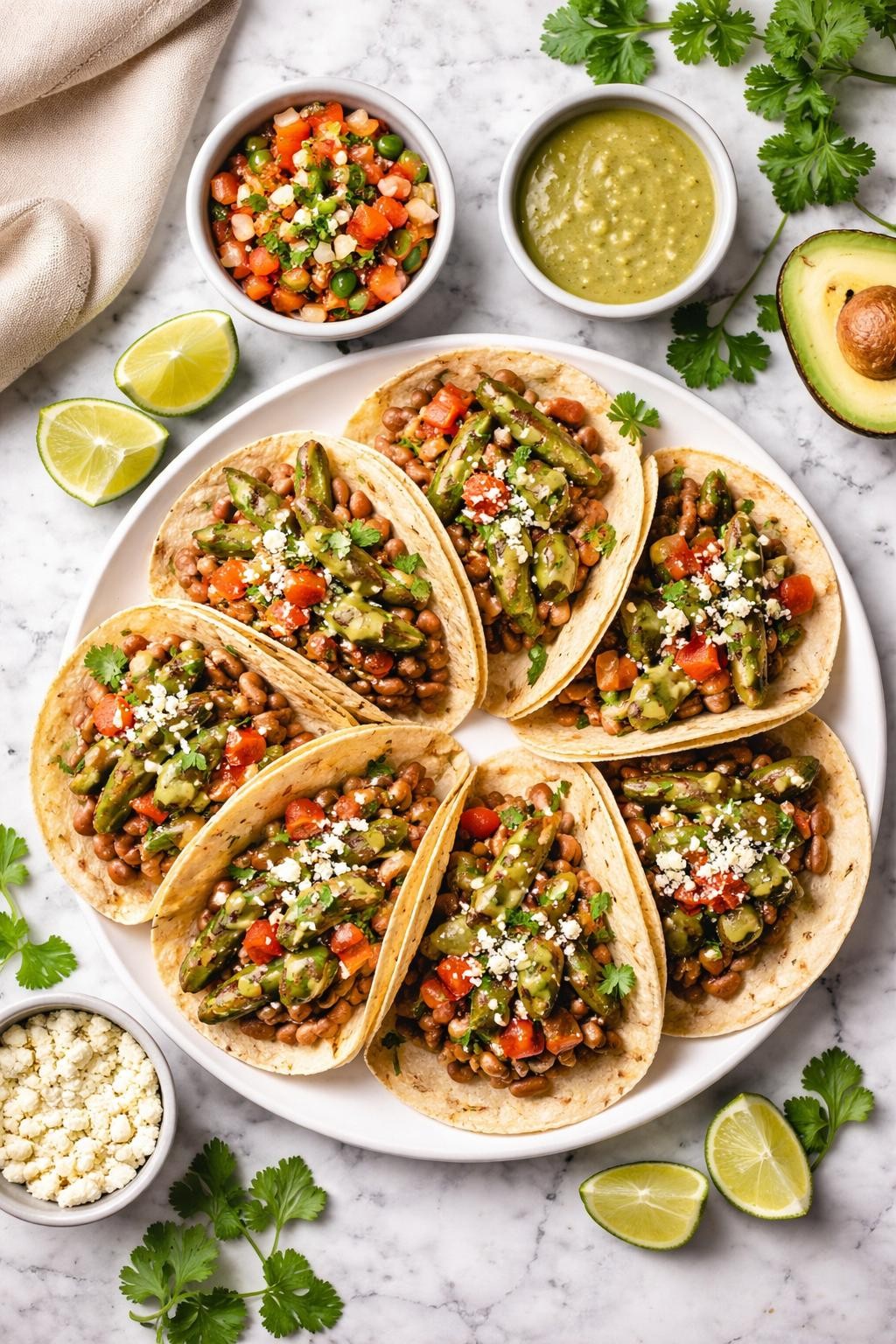 An overheard picture view of a plate of Bean and Nopales Tacos sitting on a marble countertop table in the kitchen, professional food photography style.
