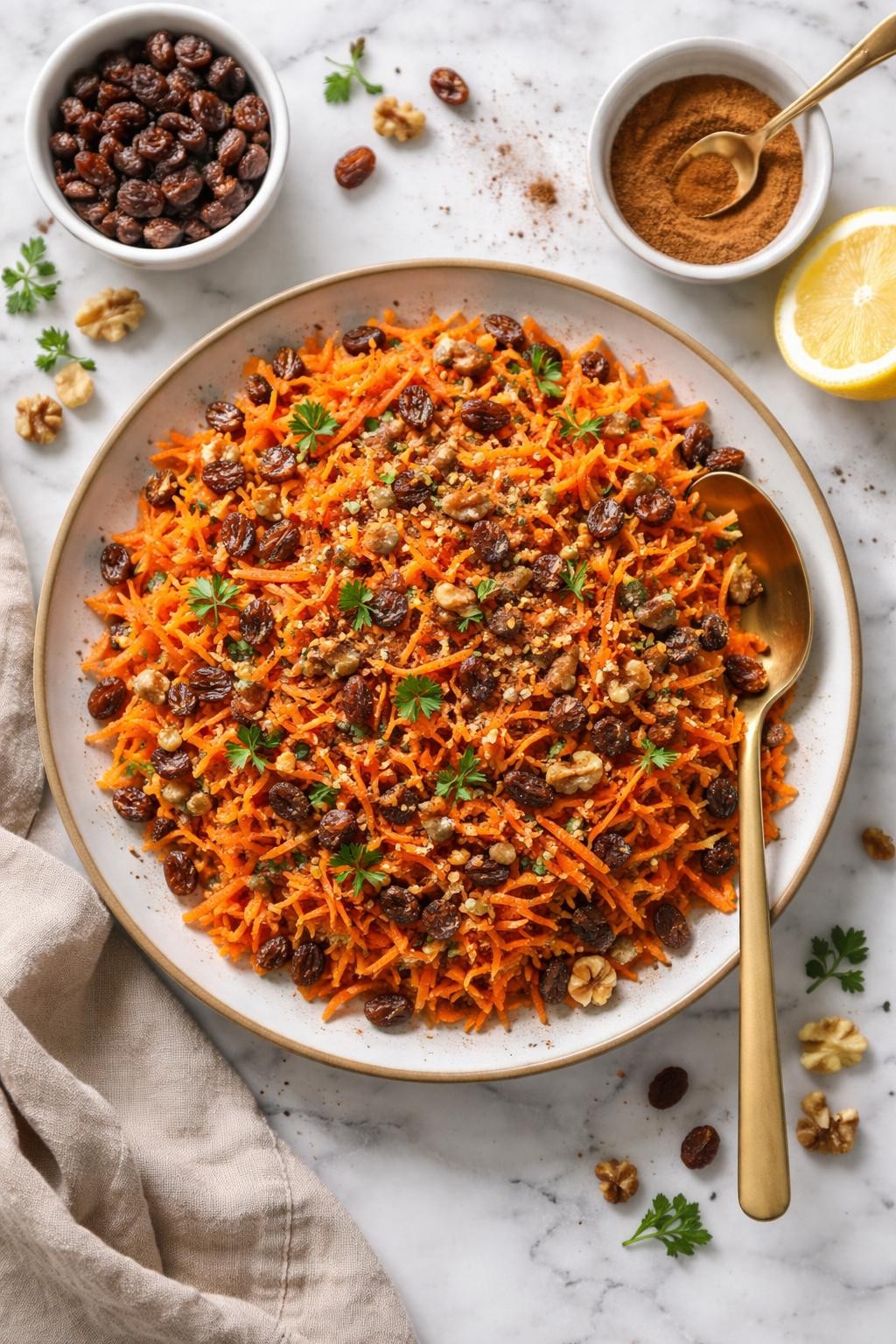 An overheard picture view of a plate of  Spiced Carrot Raisin Salad with Cinnamon  sitting on a marble countertop table in the kitchen, professional food photography style.
