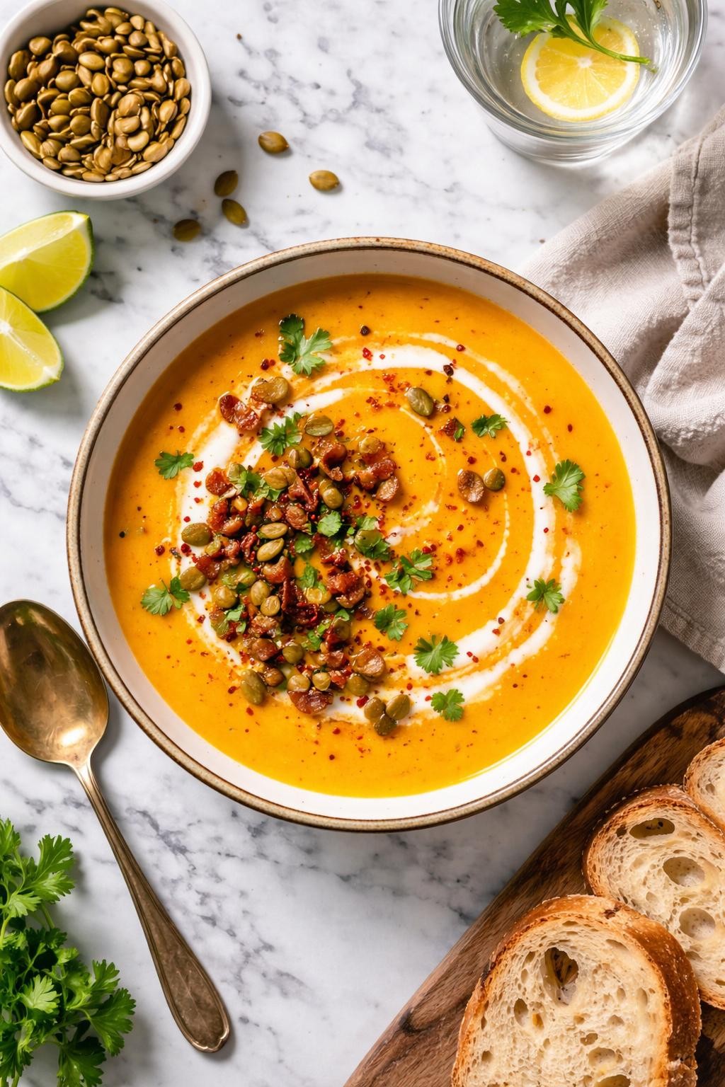 An overheard picture view of a plate of Chipotle Butternut Squash Soup sitting on a marble countertop table in the kitchen, professional food photography style.
